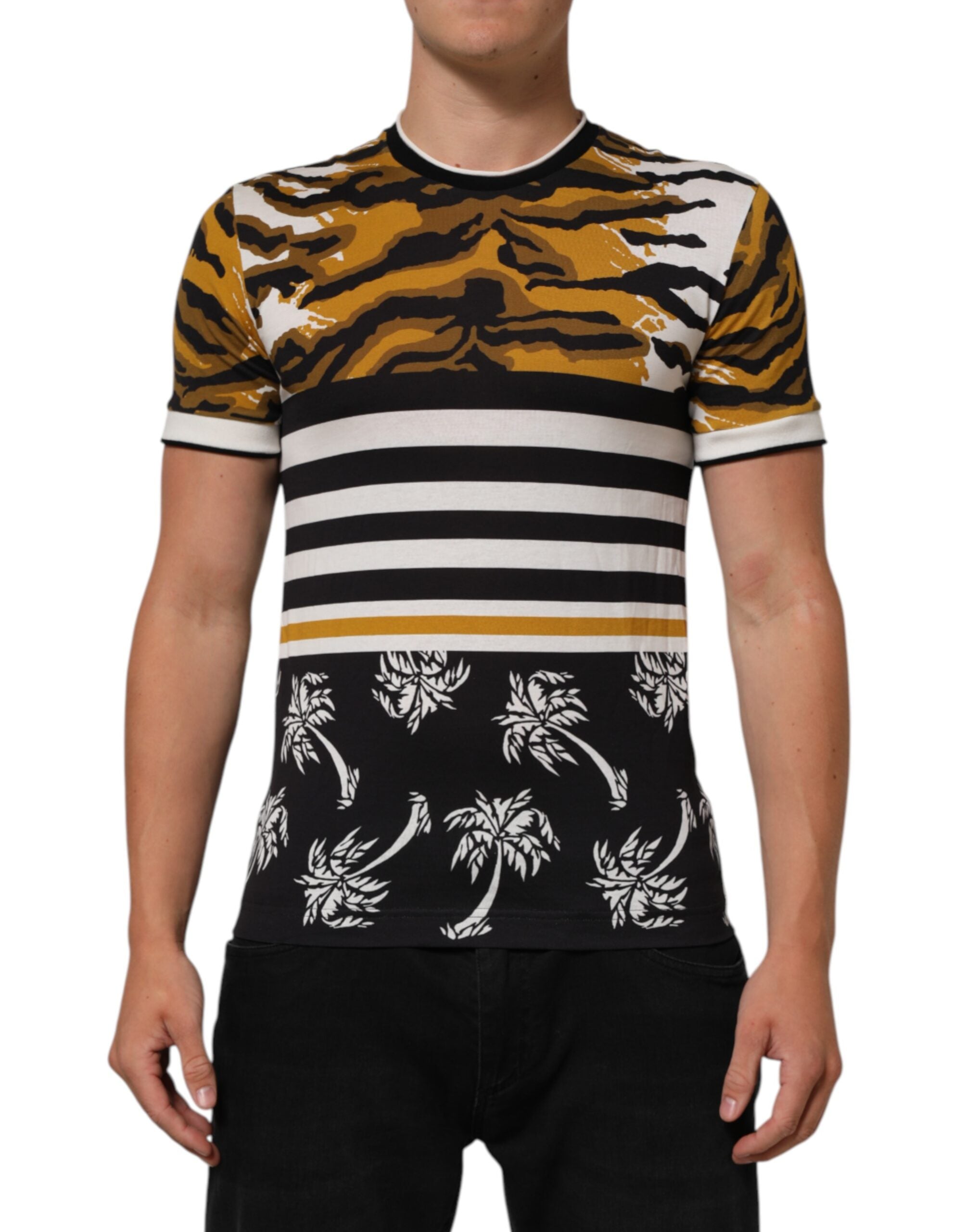 Dolce & Gabbana Herren T-Shirt mit Rundhalsausschnitt, mehrfarbigem Leoparden- und Palmenblattmuster