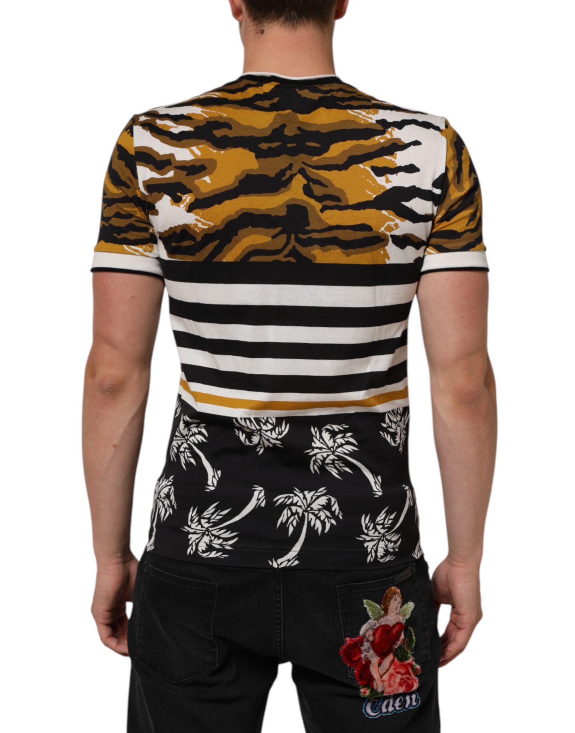 Dolce & Gabbana Herren T-Shirt mit Rundhalsausschnitt, mehrfarbigem Leoparden- und Palmenblattmuster