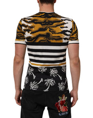 Dolce & Gabbana Herren T-Shirt mit Rundhalsausschnitt, mehrfarbigem Leoparden- und Palmenblattmuster