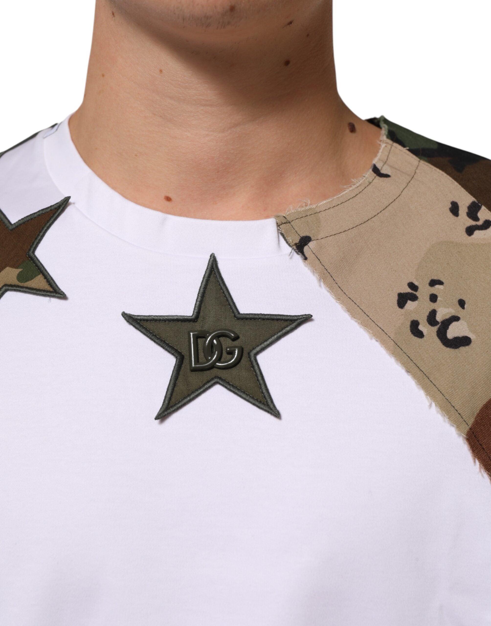 Dolce & Gabbana Weißes Camouflage-Patchwork Herren Baumwoll-T-Shirt