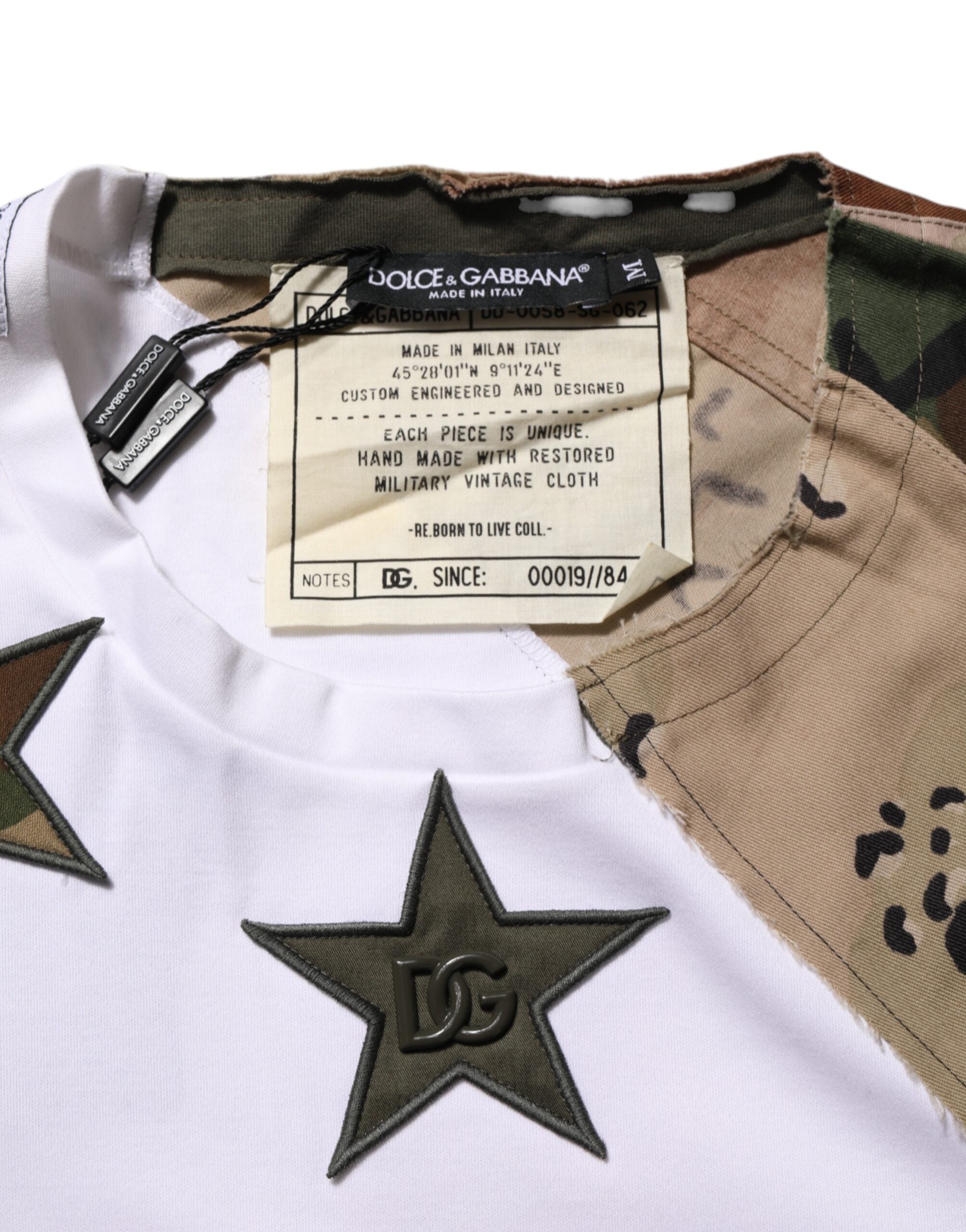 Dolce & Gabbana Weißes Camouflage-Patchwork Herren Baumwoll-T-Shirt
