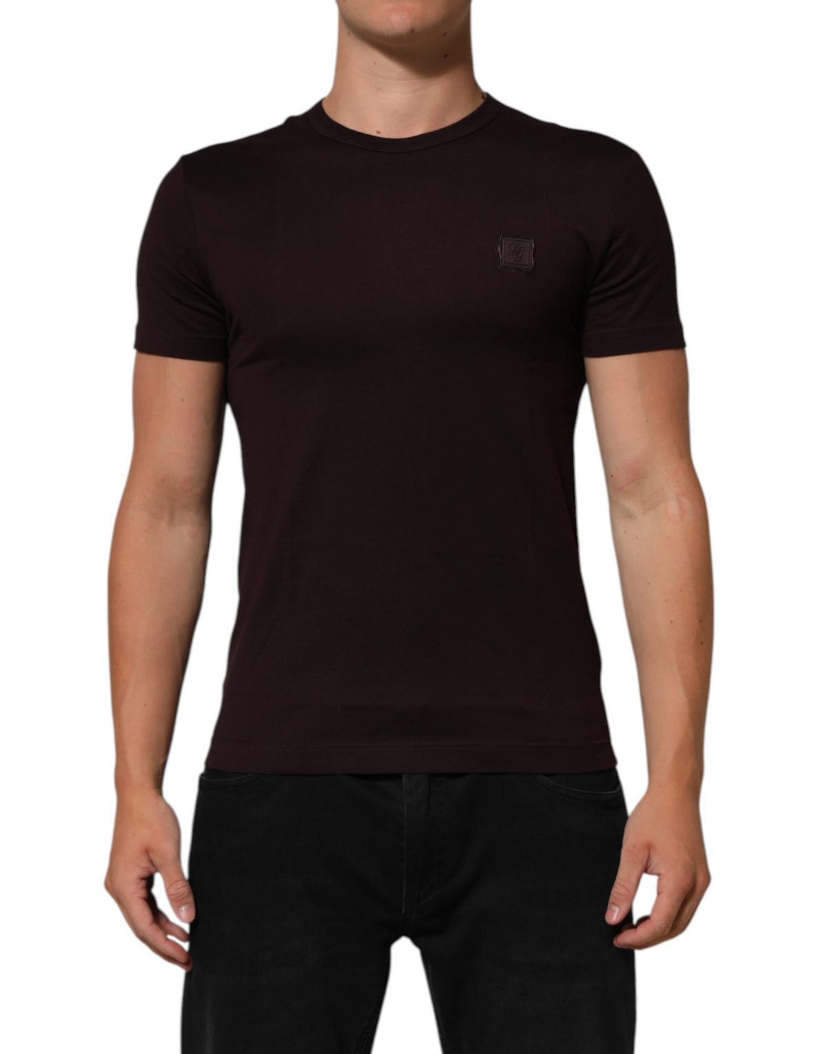 Dolce & Gabbana Braunes Baumwoll-T-Shirt mit Rundhalsausschnitt und Logo-Plakette