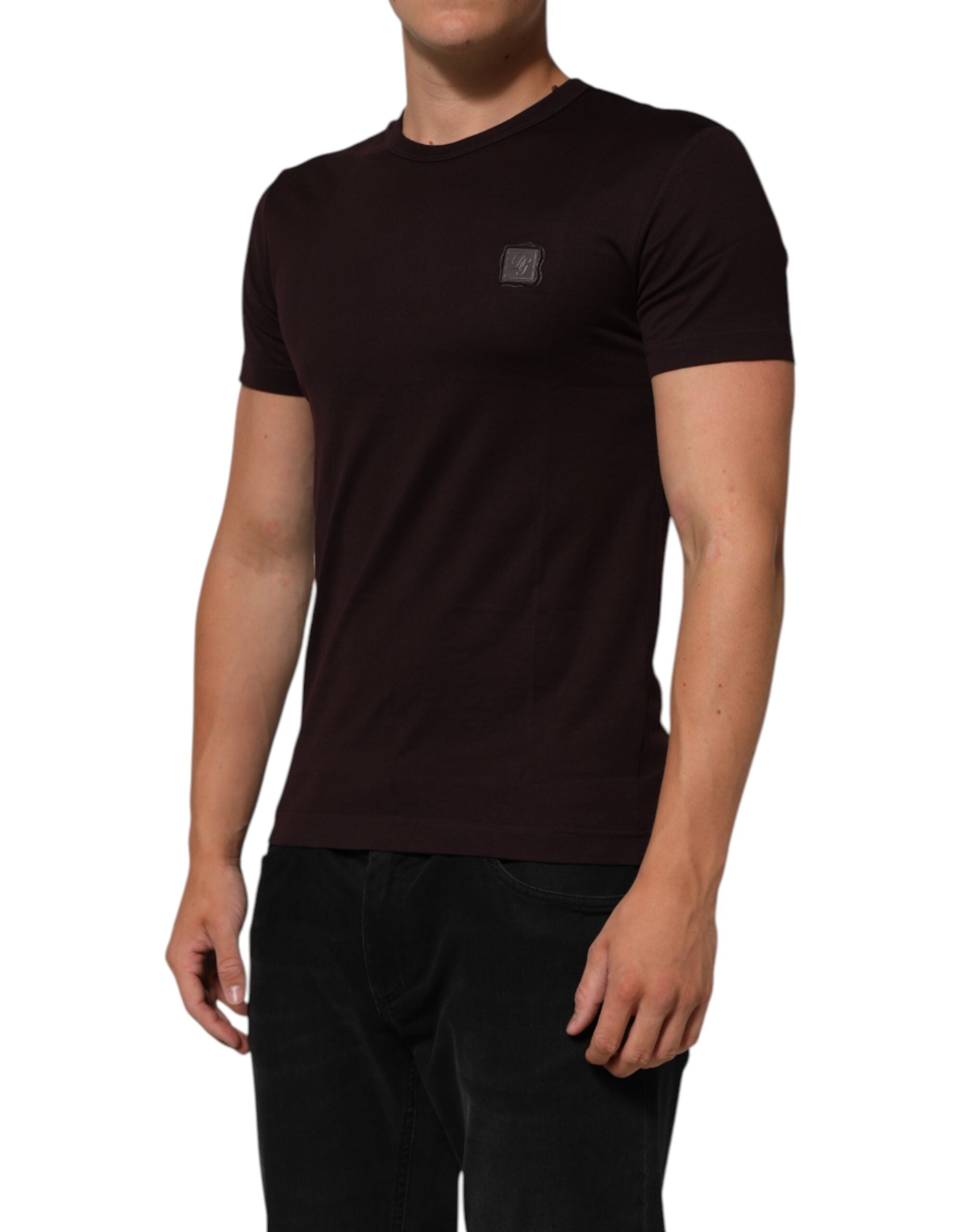 Dolce & Gabbana Braunes Baumwoll-T-Shirt mit Rundhalsausschnitt und Logo-Plakette