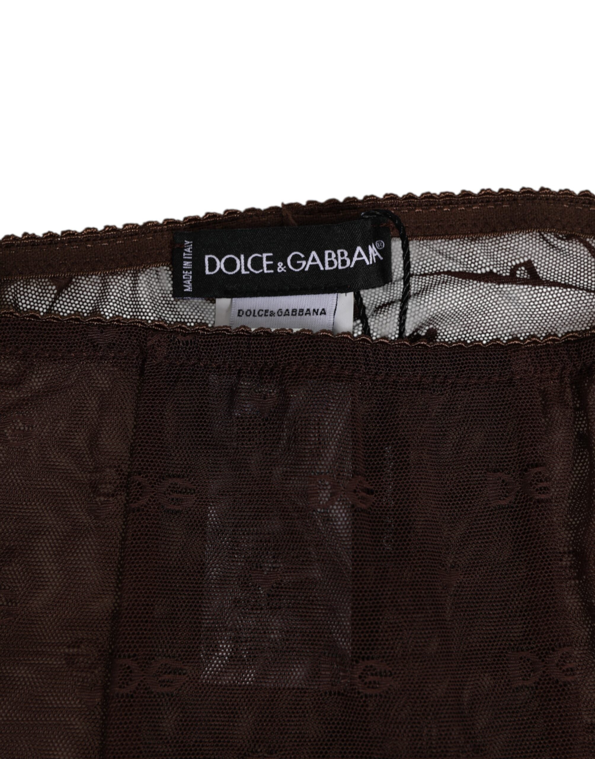 Dolce & Gabbana Braune Nylon Logo Leggings mit Spitze Unterwäsche
