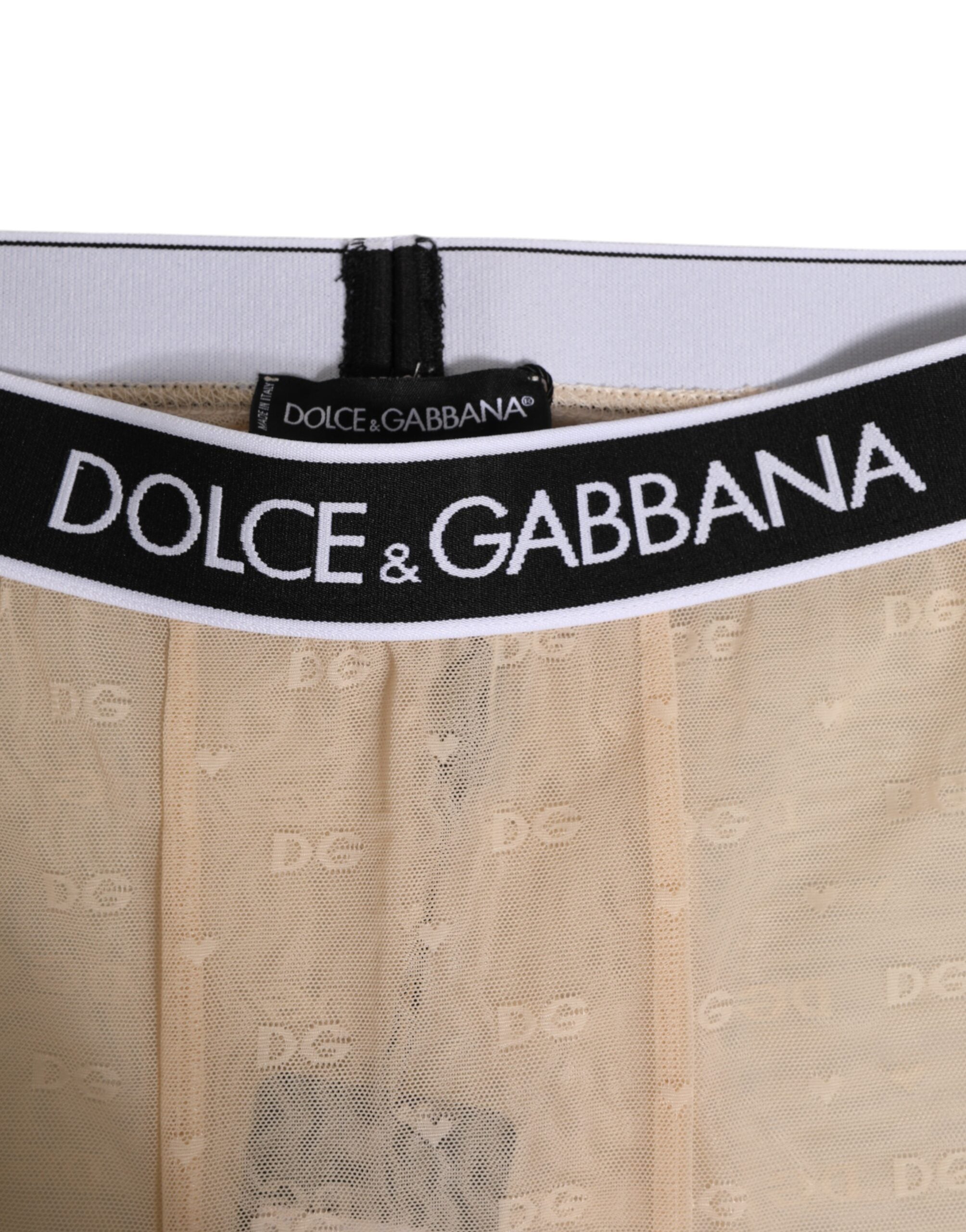 Dolce & Gabbana Beige Nylon Logo Spitzen Leggings Hosen Unterwäsche