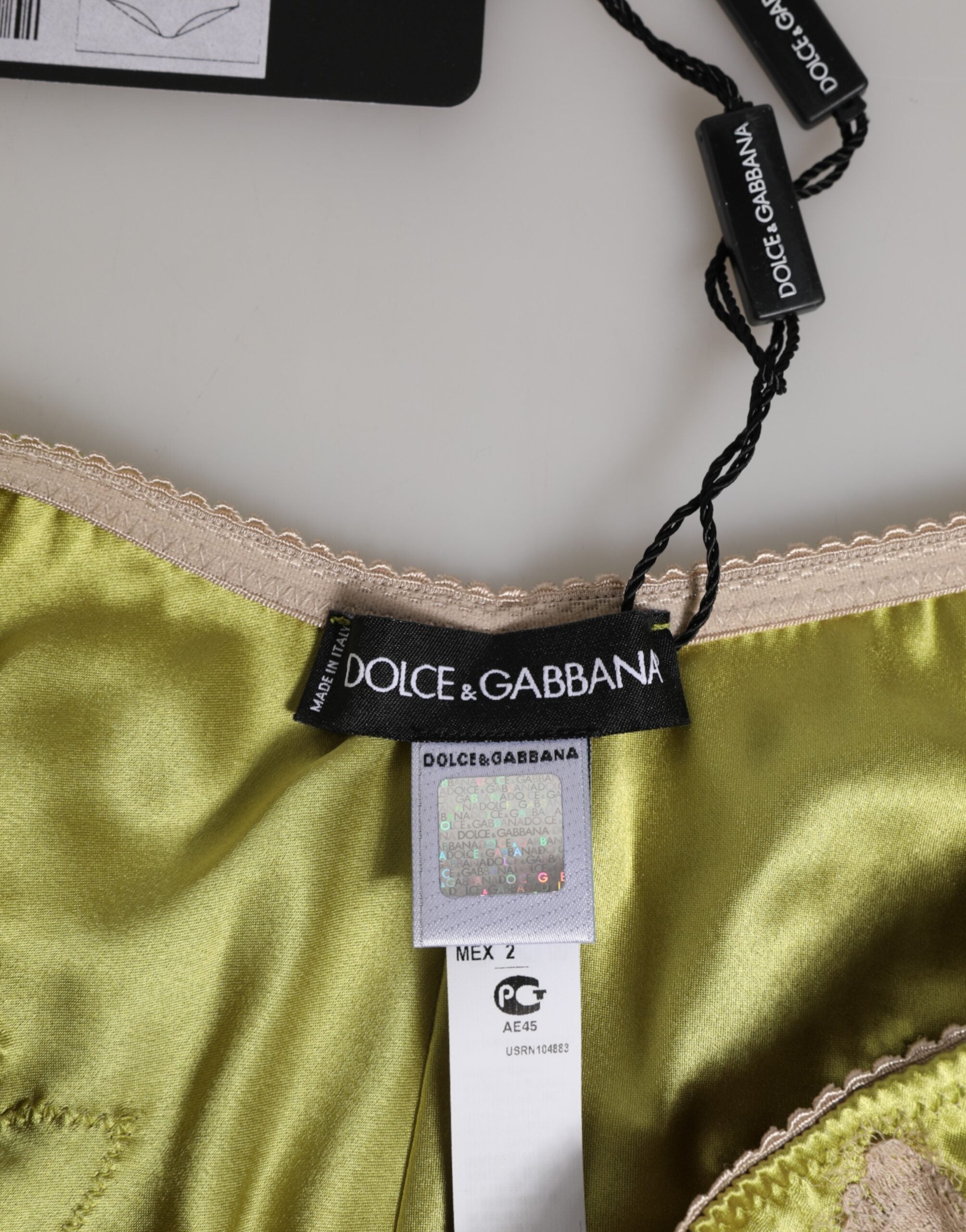 Dolce & Gabbana Grüner Seidensatin Höschen mit floraler Spitzenborte