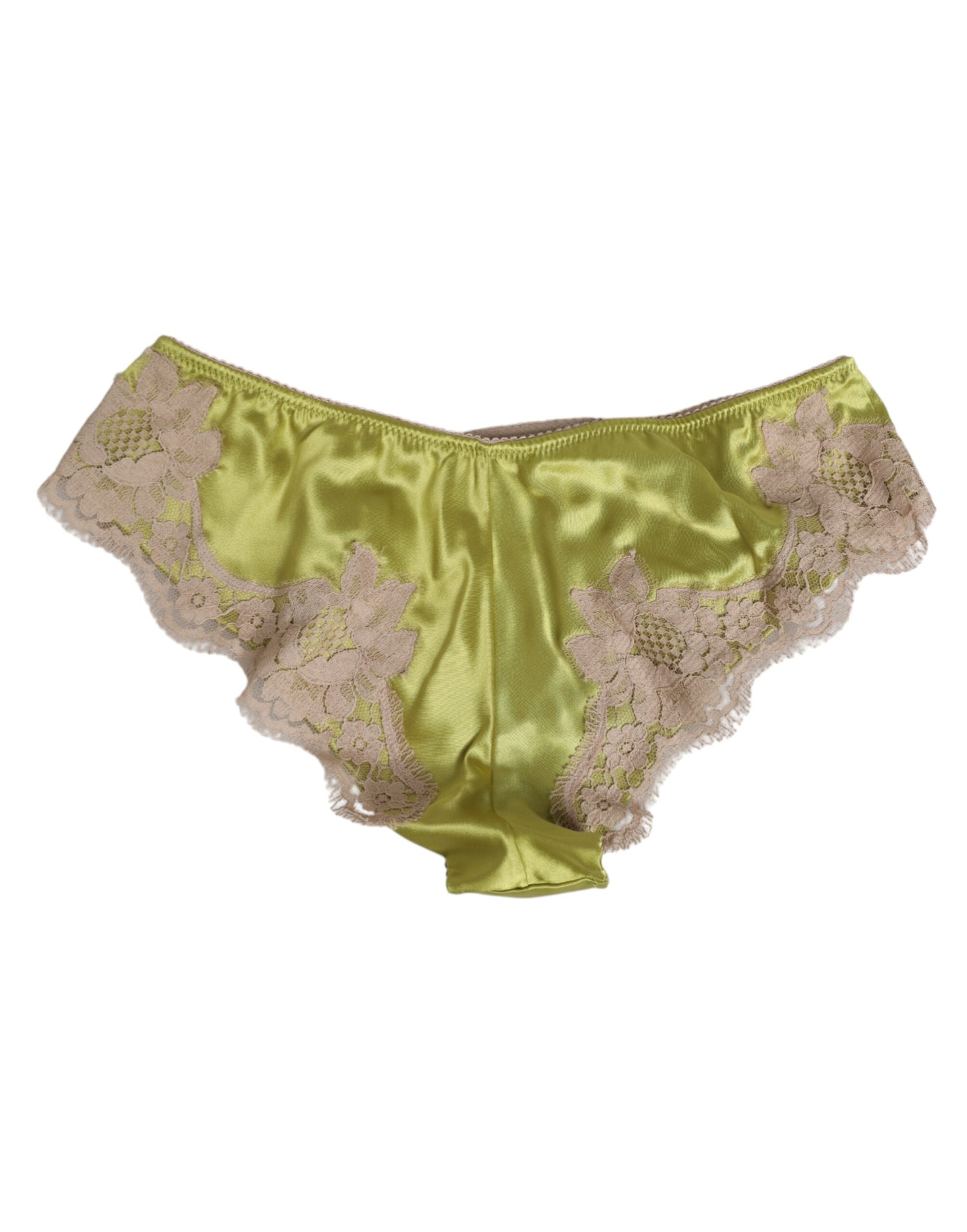 Dolce & Gabbana Grüner Seidensatin Höschen mit floraler Spitzenborte