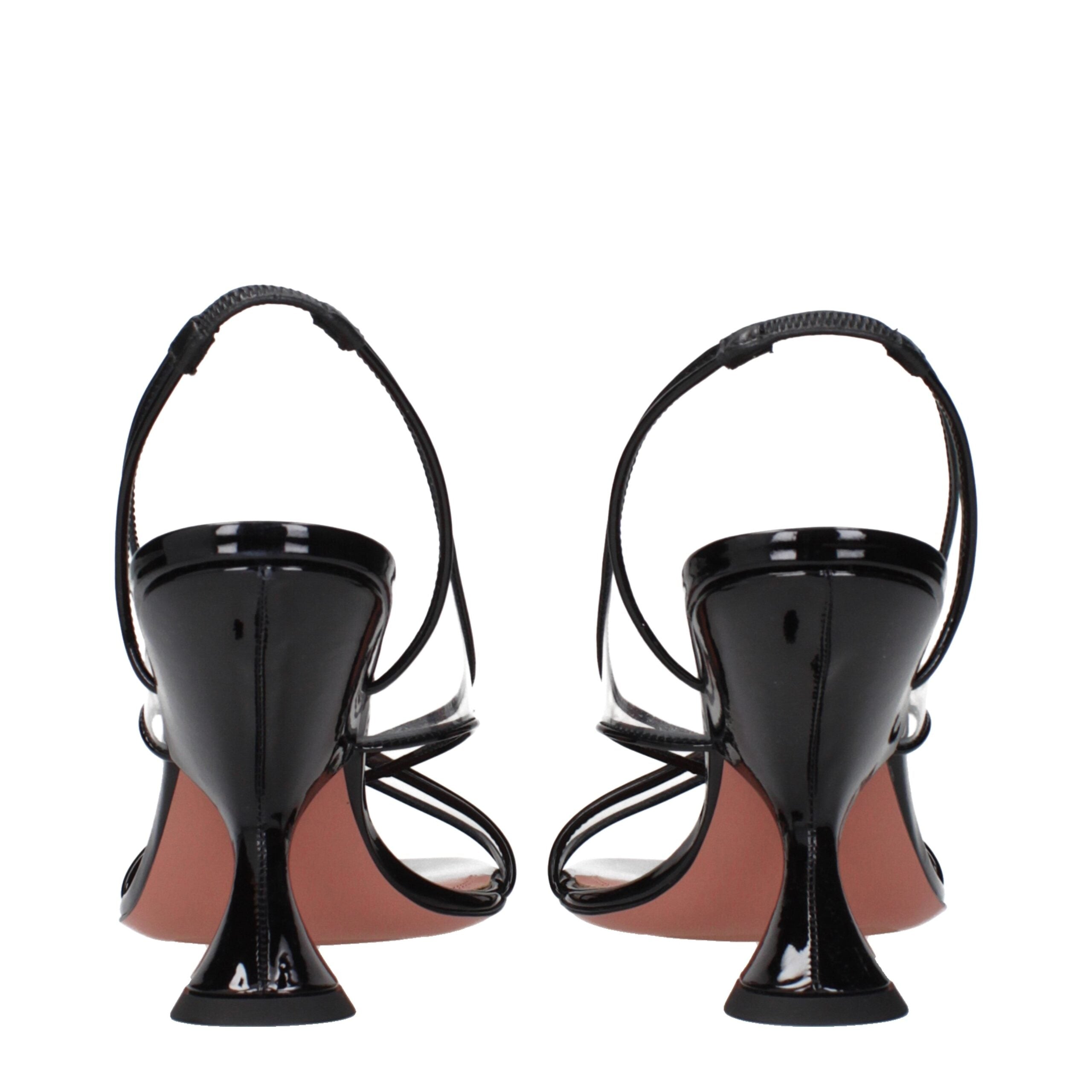Amina Muaddi Black Leather Stiletto Heel Sandals