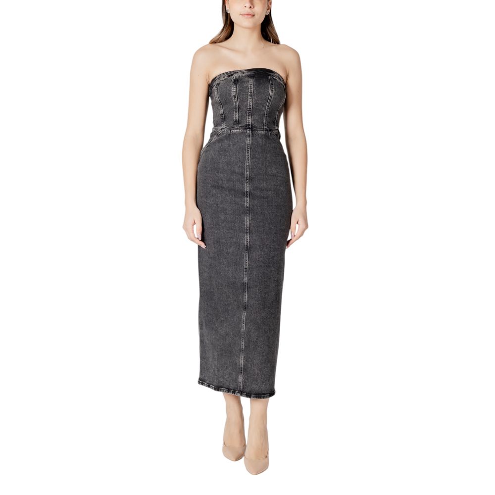 ICHI Schwarzes Baumwoll-Midikleid