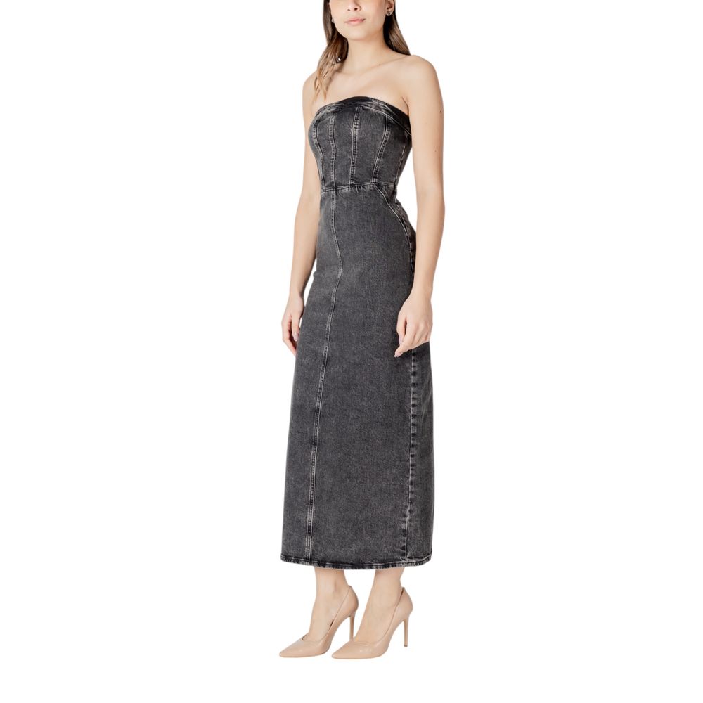 ICHI Schwarzes Baumwoll-Midikleid
