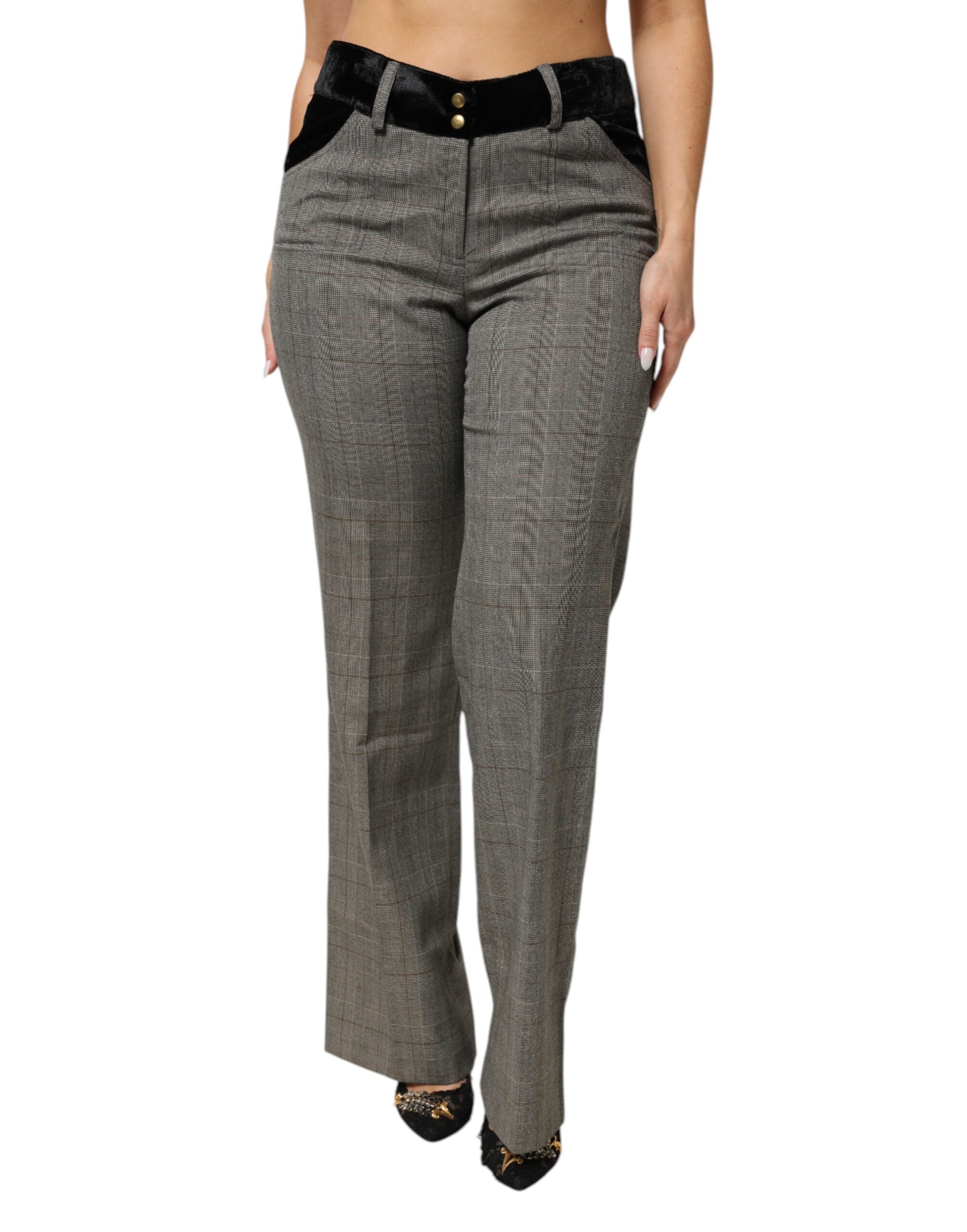 BENCIVENGA Graue Hose aus Wollmischung mit geradem Bein, Karomuster und Samtbund