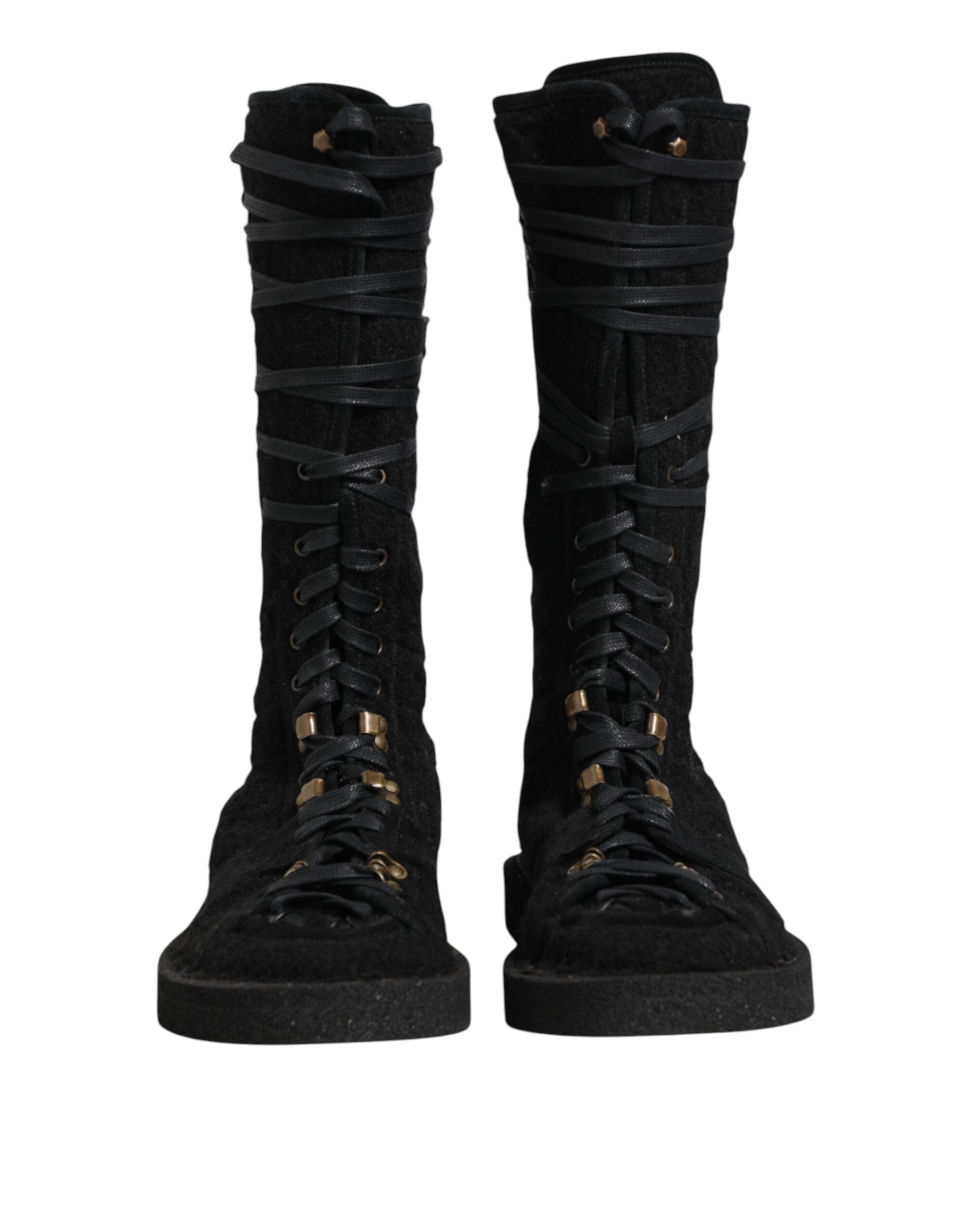 Dolce & Gabbana Schwarze Alpaka-Wolle Wildleder Mid-Calf Stiefel Schuhe