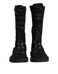 Dolce & Gabbana Schwarze Alpaka-Wolle Wildleder Mid-Calf Stiefel Schuhe