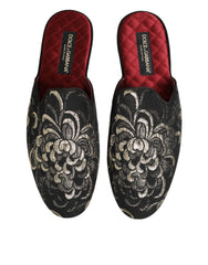 Dolce & Gabbana Schwarze Blumen-Jacquard-Pantoletten Hausschuhe Schuhe