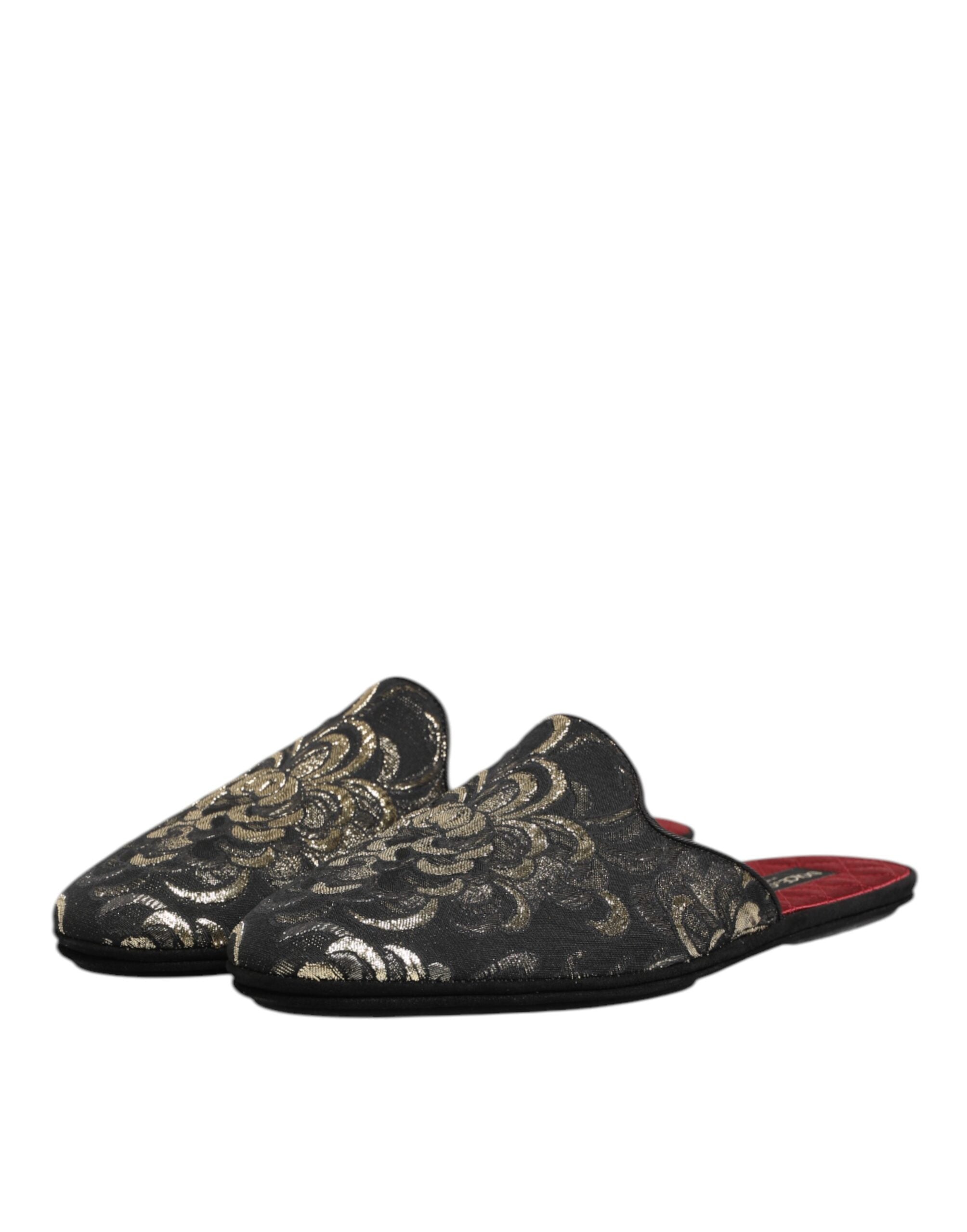 Dolce & Gabbana Schwarze Blumen-Jacquard-Pantoletten Hausschuhe Schuhe