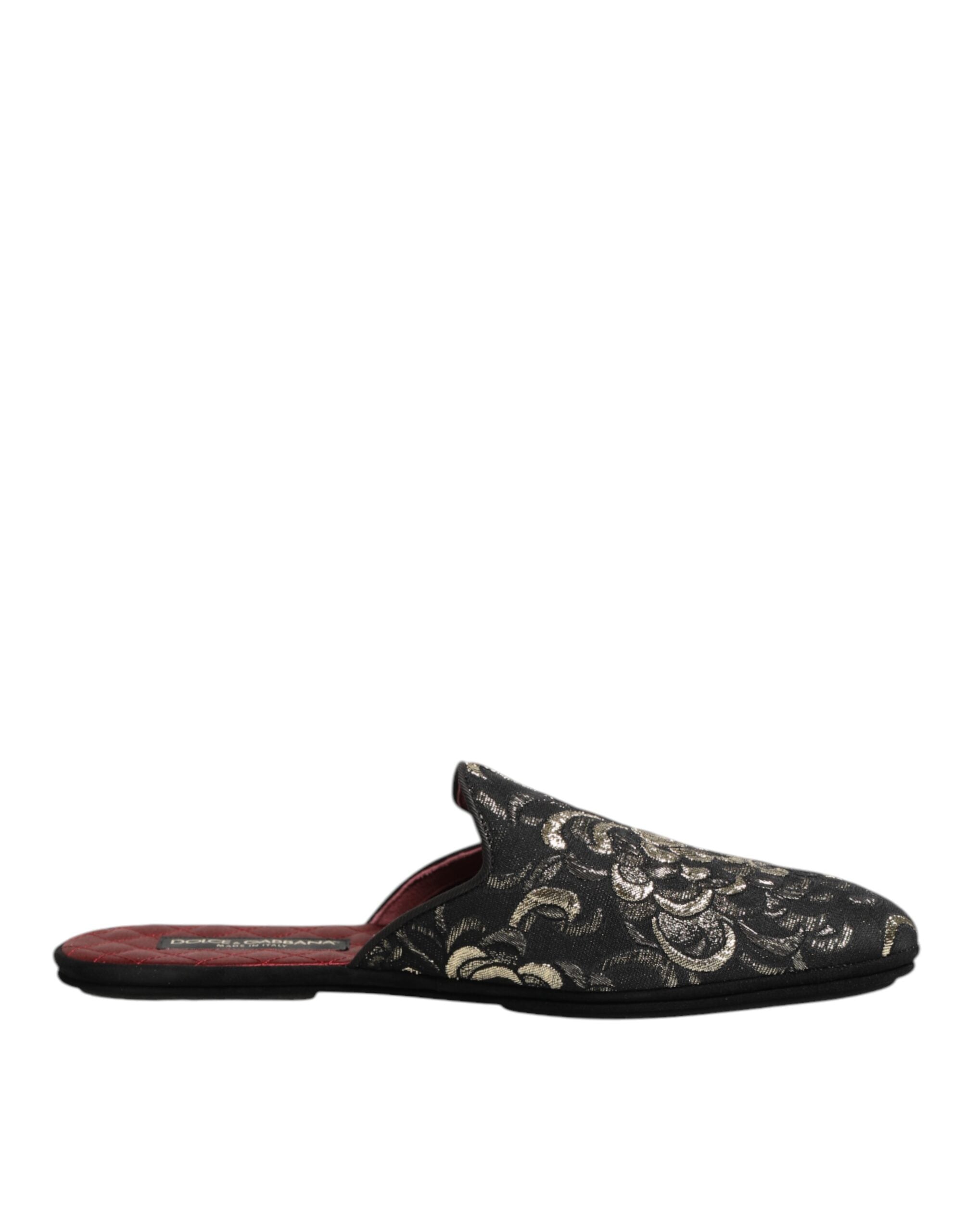 Dolce & Gabbana Schwarze Blumen-Jacquard-Pantoletten Hausschuhe Schuhe
