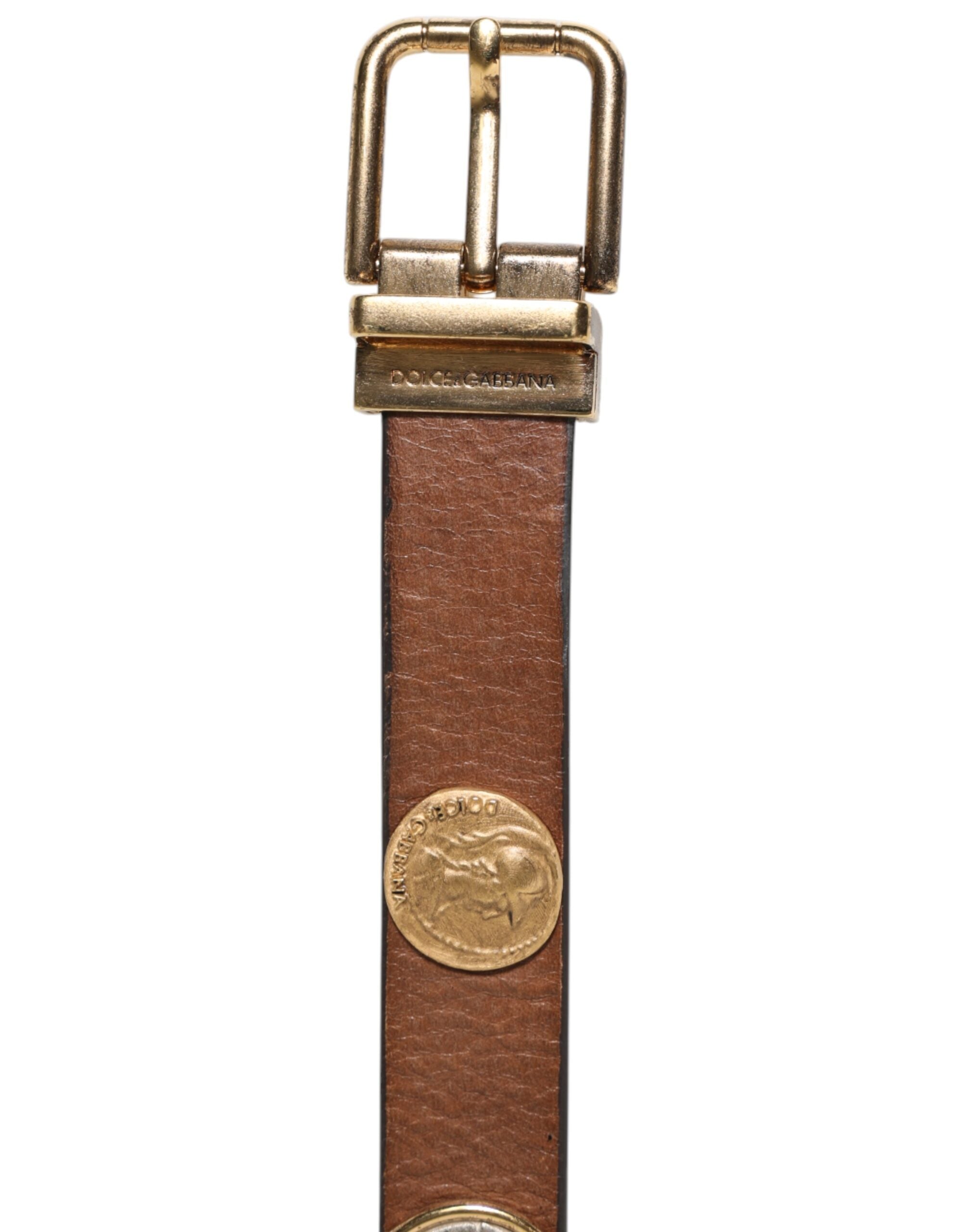 Dolce & Gabbana Brauner Ledergürtel mit gold-silberner Münzschnalle
