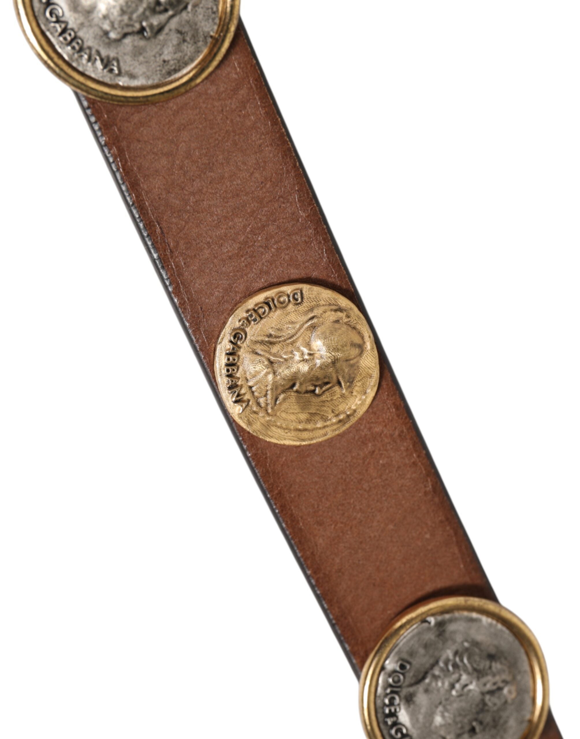 Dolce & Gabbana Brauner Ledergürtel mit gold-silberner Münzschnalle