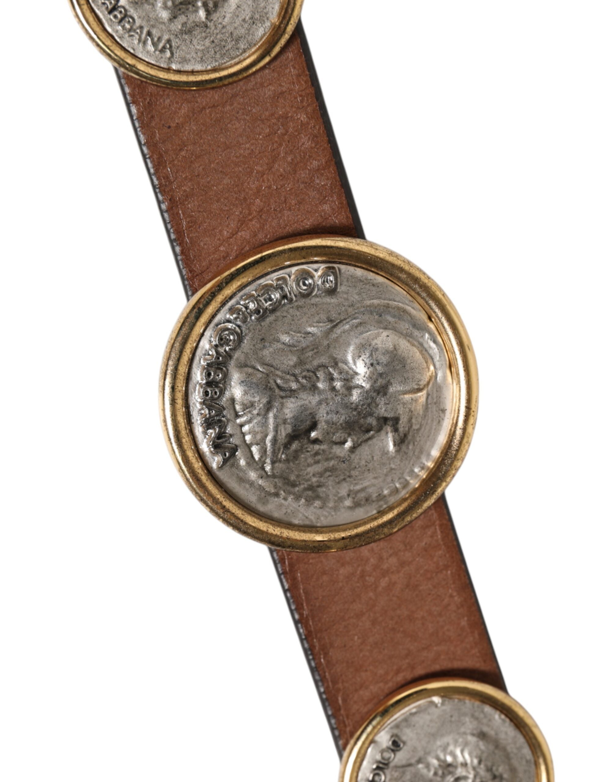 Dolce & Gabbana Brauner Ledergürtel mit gold-silberner Münzschnalle