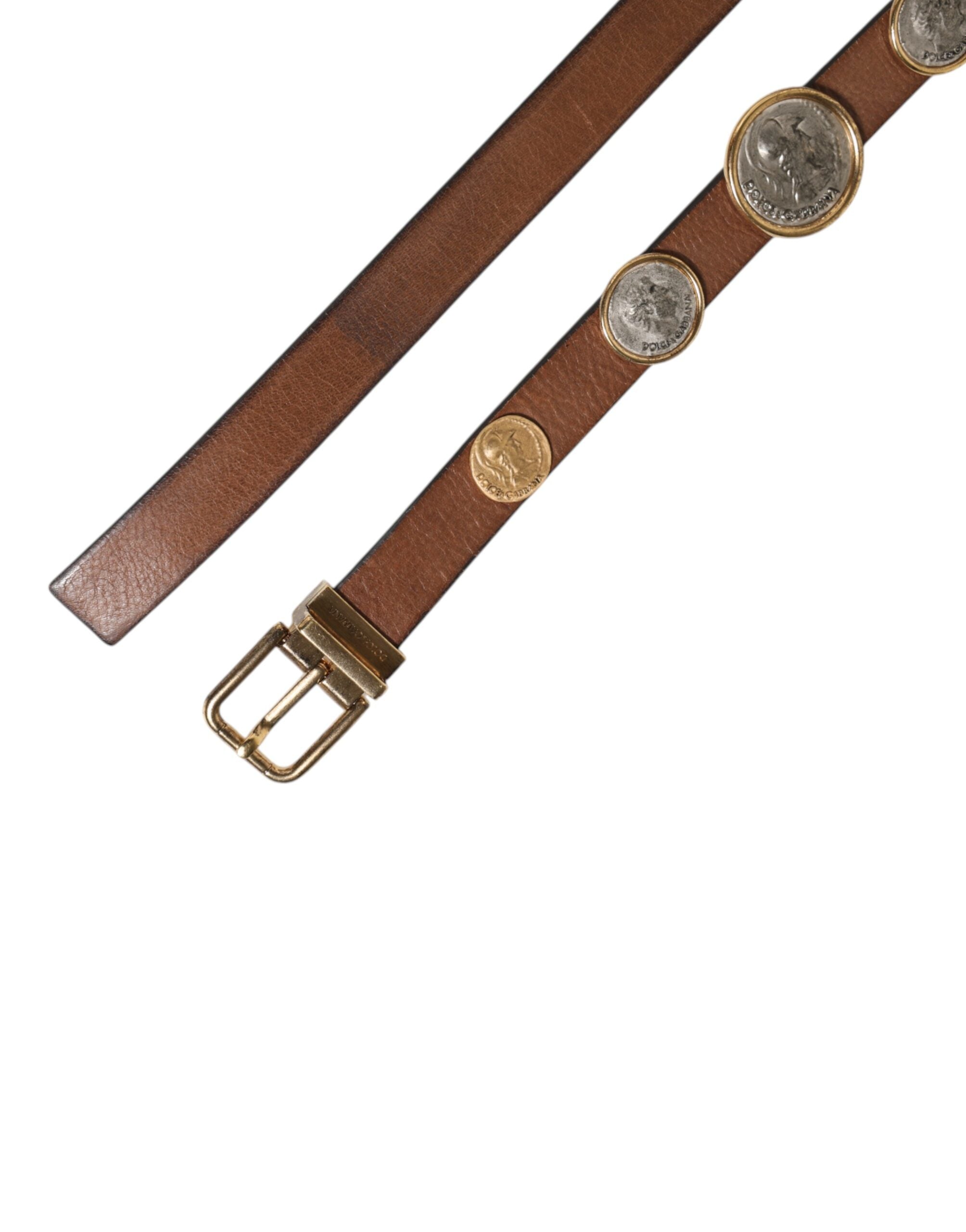 Dolce & Gabbana Brauner Ledergürtel mit gold-silberner Münzschnalle