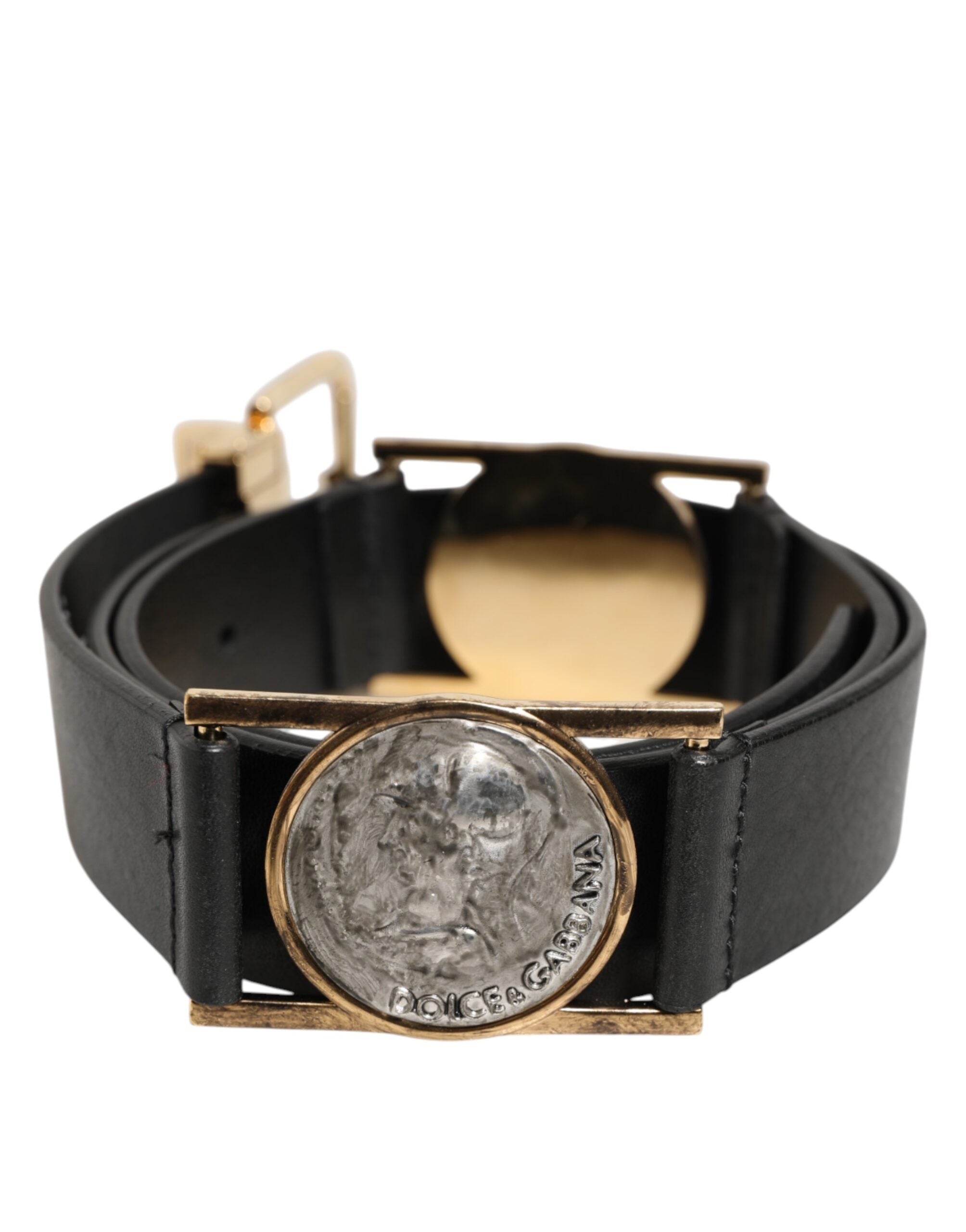 Dolce & Gabbana Gürtel aus schwarzem Leder mit gold-silberner Münzschnalle