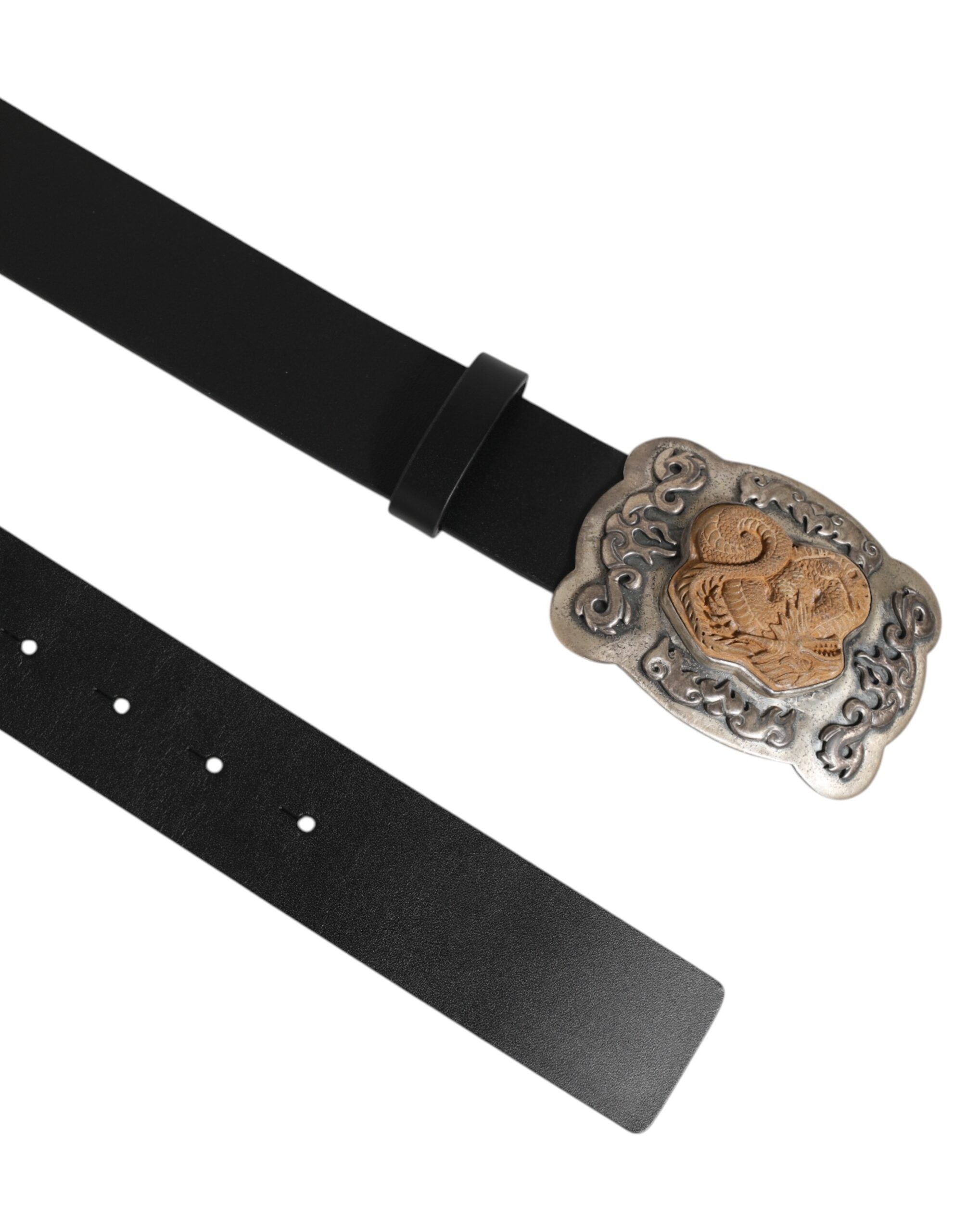 Dolce & Gabbana Schwarzer Leder Gothic Drachen Metallschnalle Gürtel