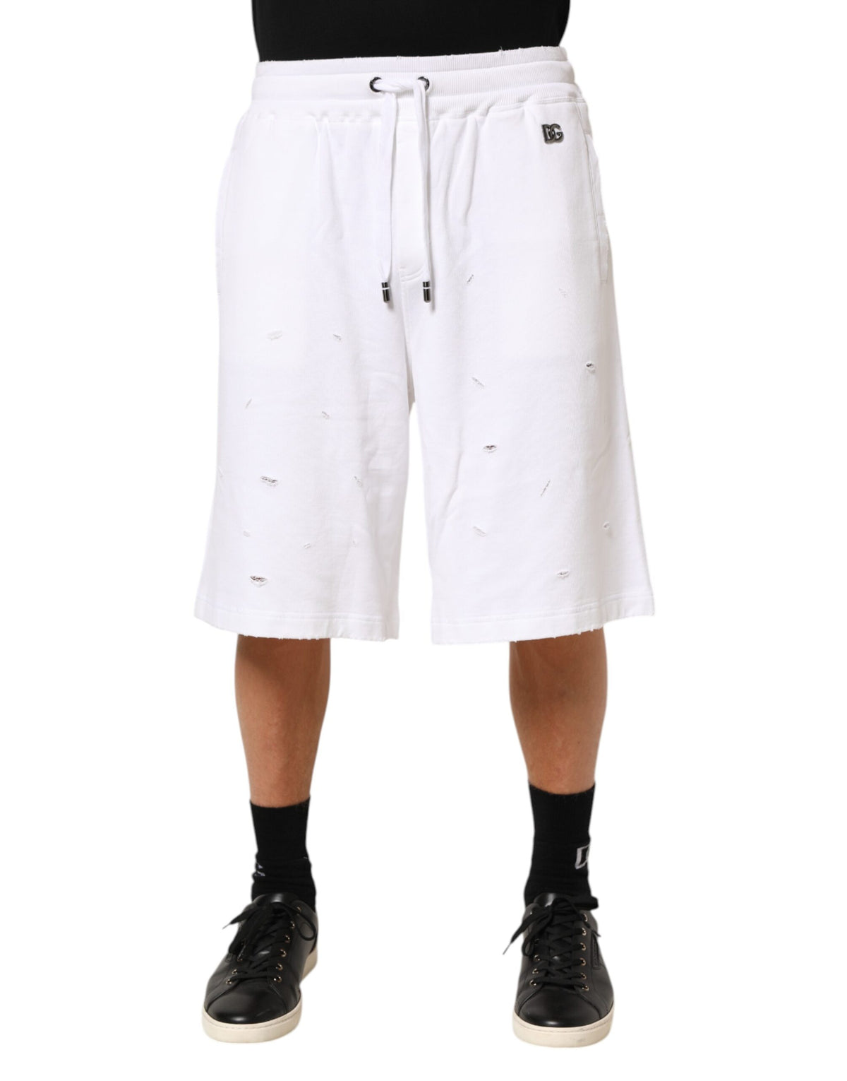 Dolce & Gabbana Weiße Baumwoll-Bermuda-Sweatpants-Shorts mit Rissen