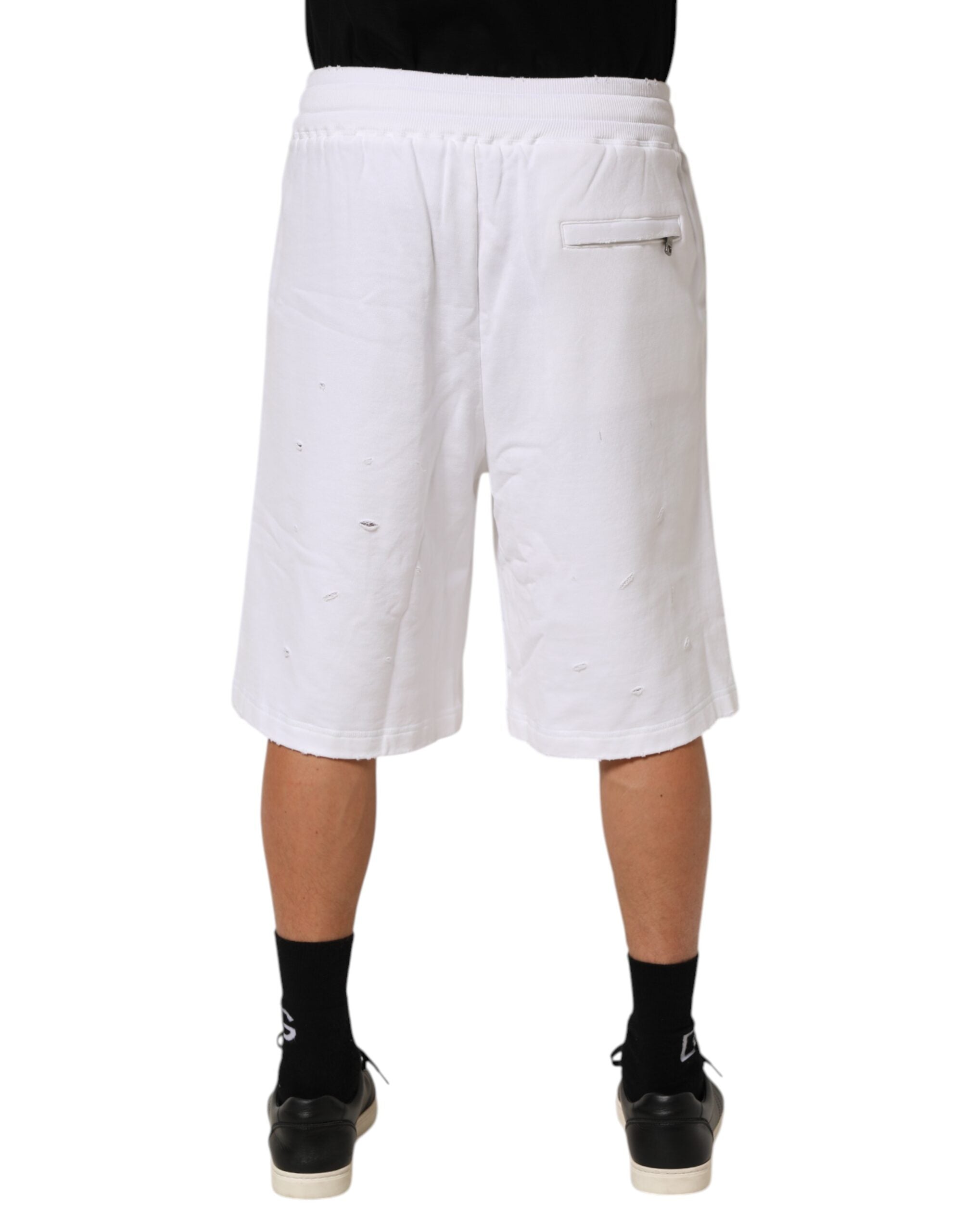 Dolce & Gabbana Weiße Baumwoll-Bermuda-Sweatpants-Shorts mit Rissen