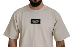 Dolce & Gabbana Elfenbeinfarbenes Baumwoll-T-Shirt mit Elfenbeinfarbenem Print und Rundhalsausschnitt