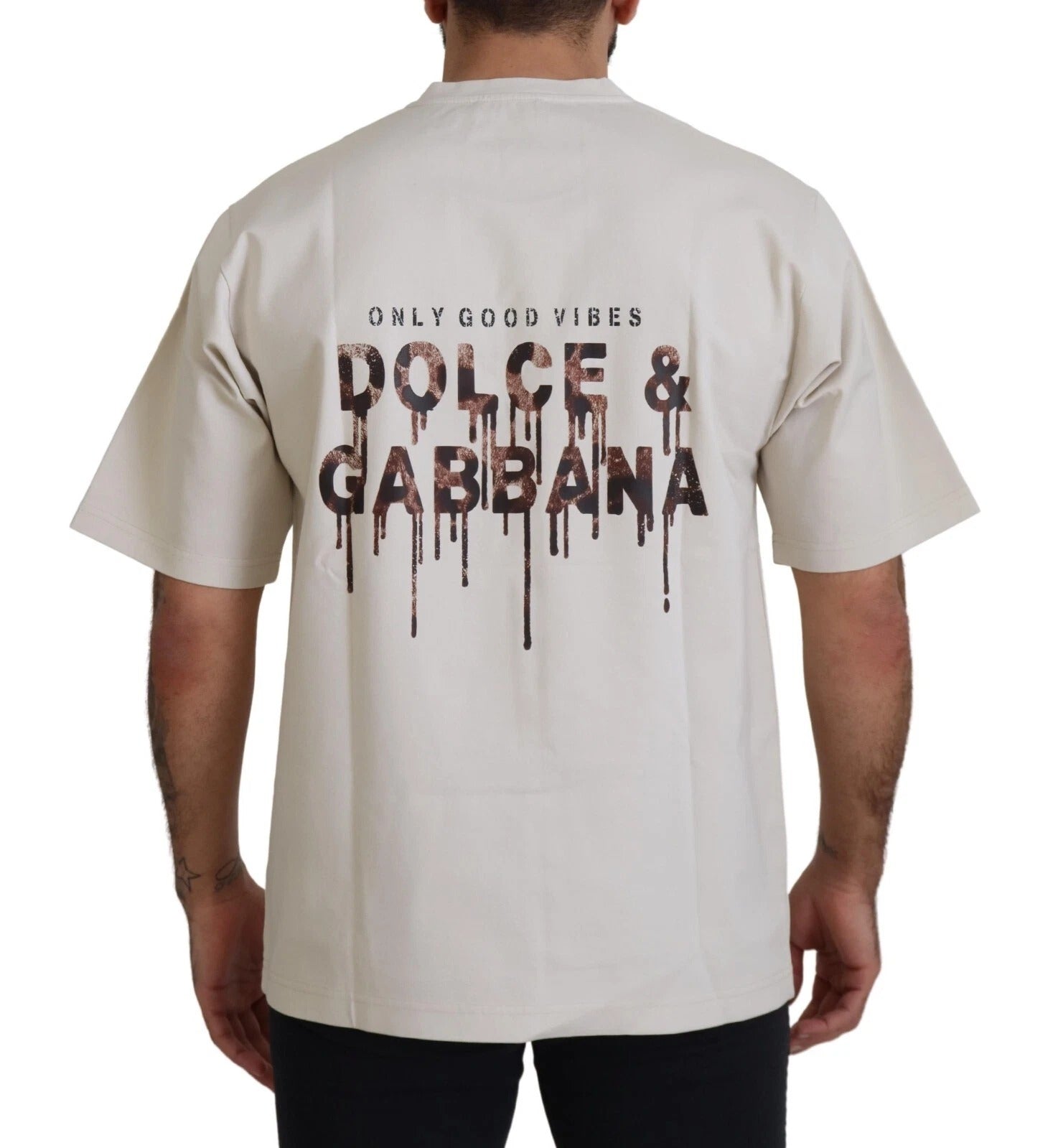 Dolce & Gabbana Elfenbeinfarbenes Baumwoll-T-Shirt mit Elfenbeinfarbenem Print und Rundhalsausschnitt