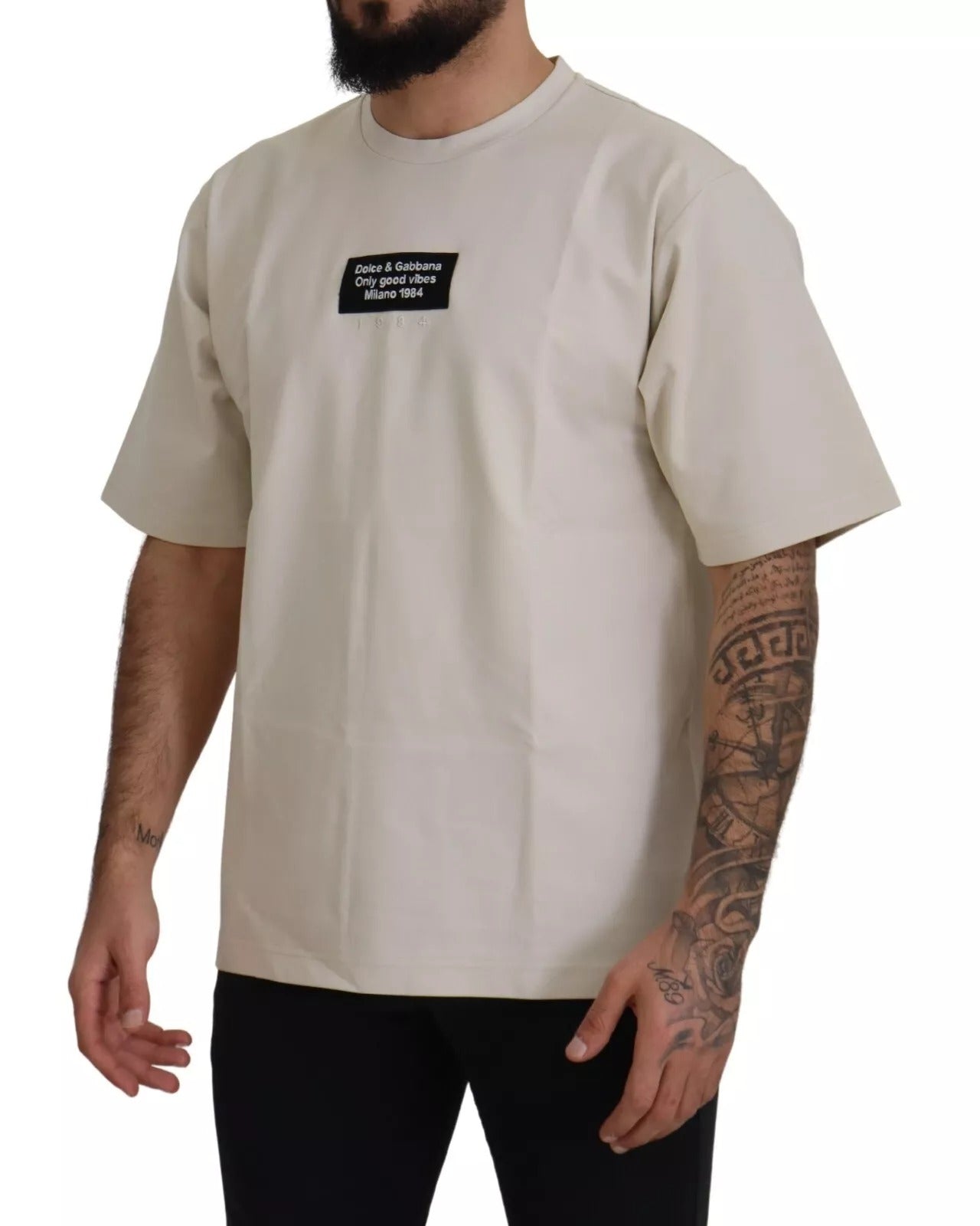 Dolce & Gabbana Elfenbeinfarbenes Baumwoll-T-Shirt mit Elfenbeinfarbenem Print und Rundhalsausschnitt