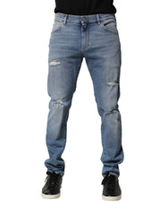 Dolce & Gabbana Blaue Used-Look Slim Herren Jeans aus Baumwolle
