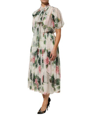 Dolce & Gabbana plissiertes Midikleid aus Seide mit weißem Blumenmuster