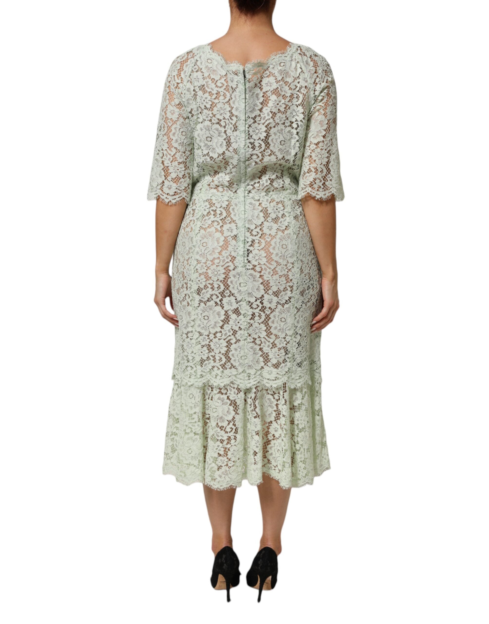 Dolce & Gabbana Mintgrünes florales Spitzenbesatz-Midikleid
