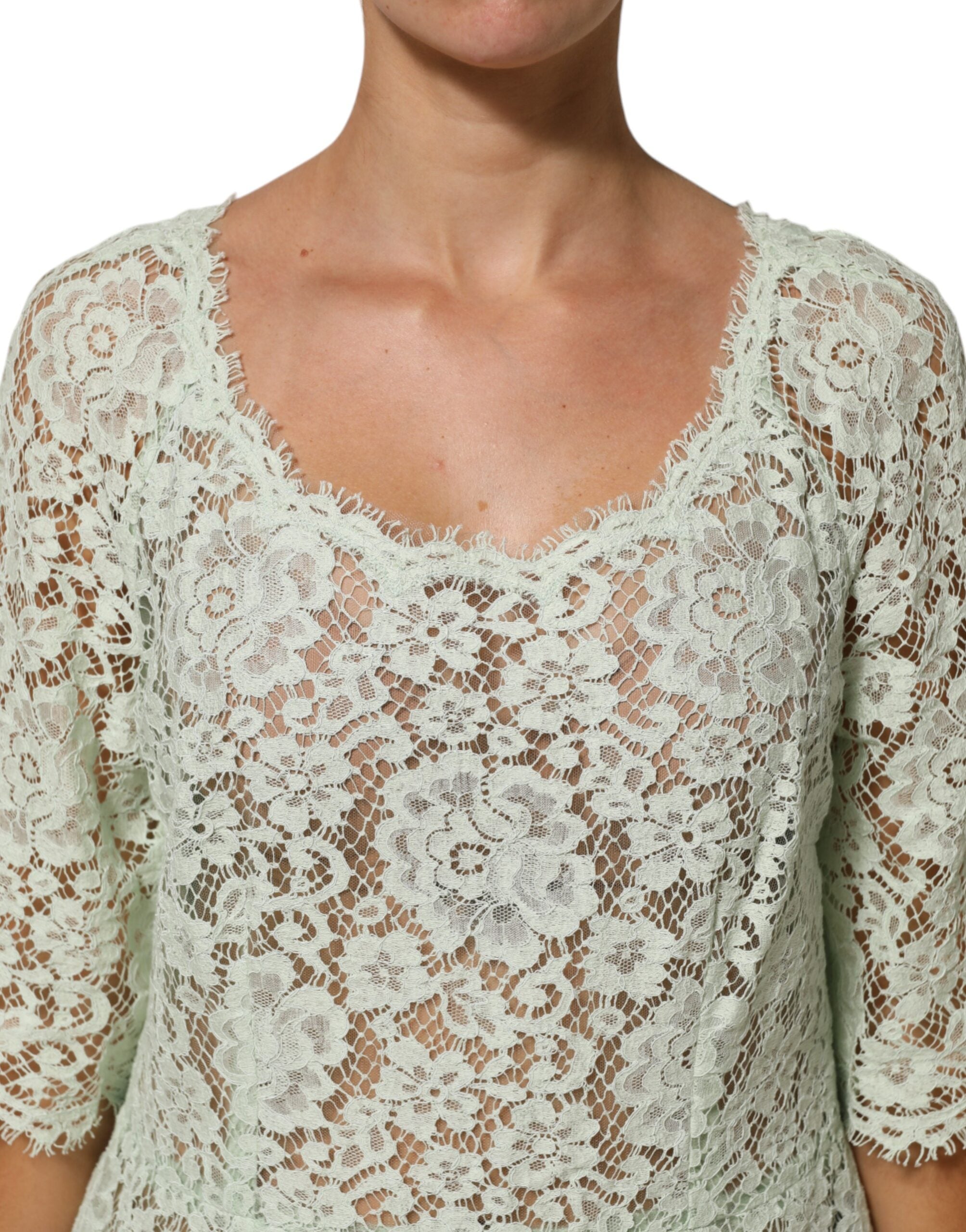 Dolce & Gabbana Mintgrünes florales Spitzenbesatz-Midikleid
