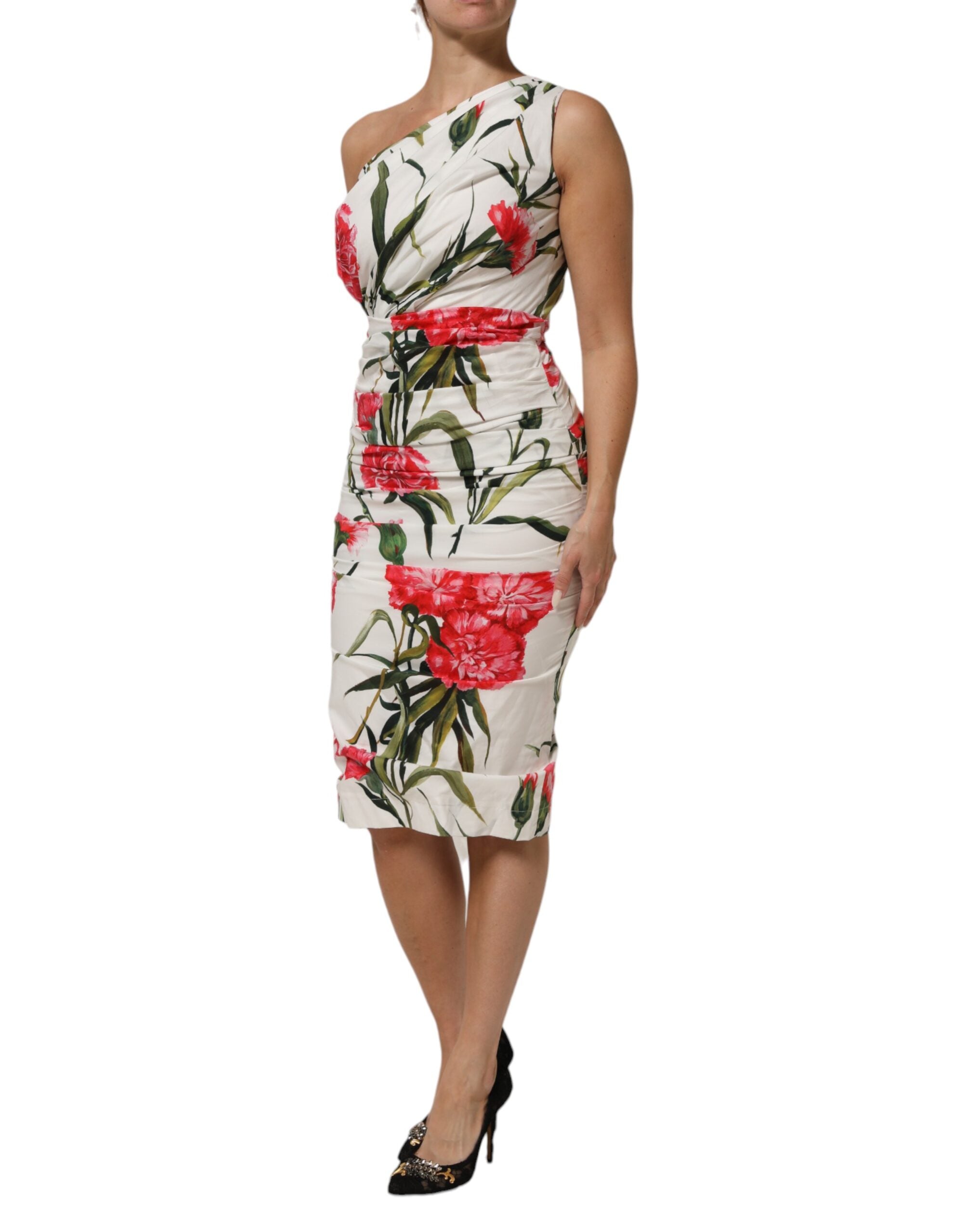 Dolce & Gabbana weißes One-Shoulder Etuikleid mit Blumenmuster