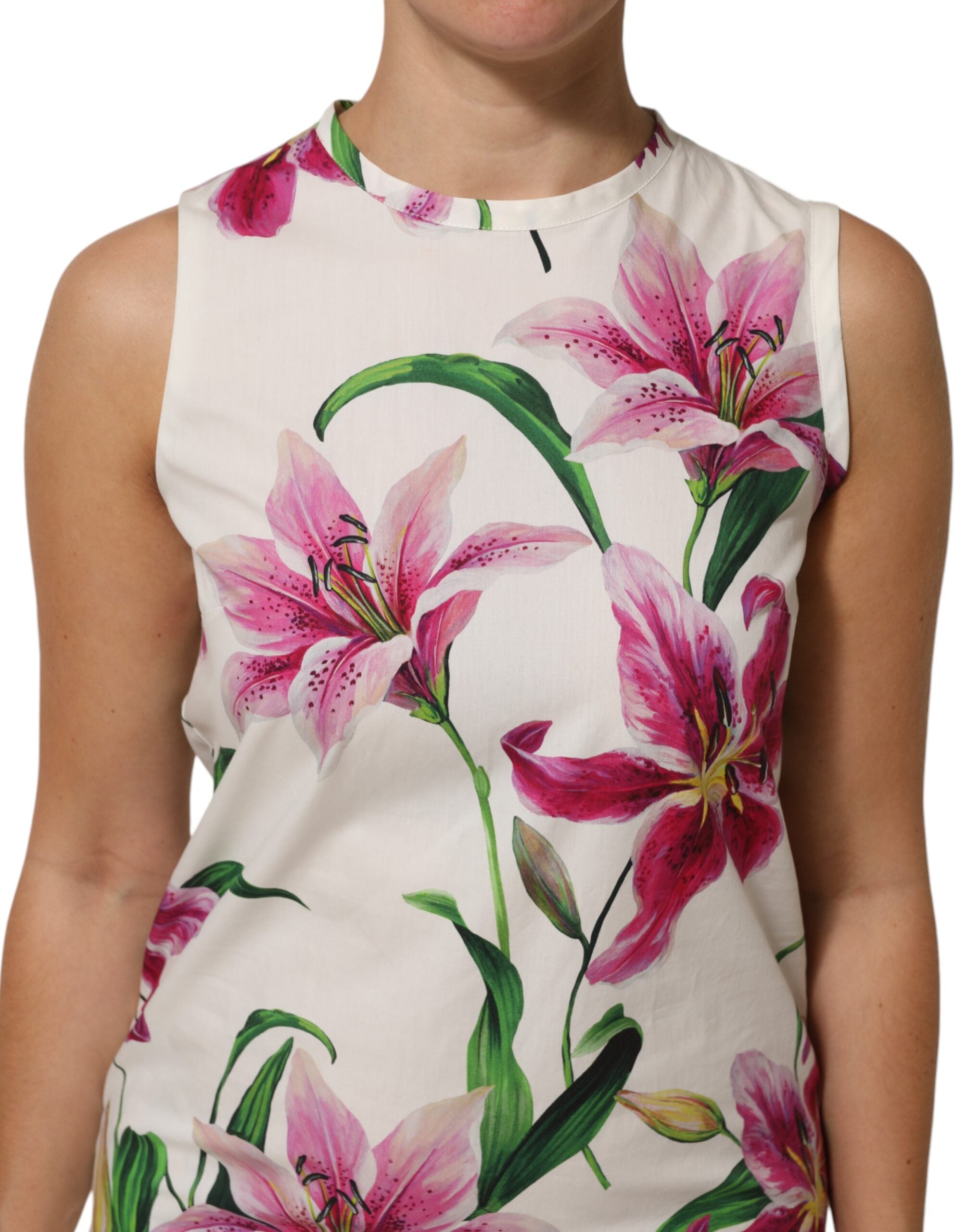 Dolce & Gabbana Weißes ärmelloses Mini-Kleid aus Baumwolle mit Blumenmuster