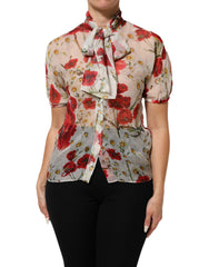 Dolce & Gabbana Witte Bloemenblouse met Strikkraag en Papaverprint
