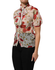 Dolce & Gabbana Witte Bloemenblouse met Strikkraag en Papaverprint