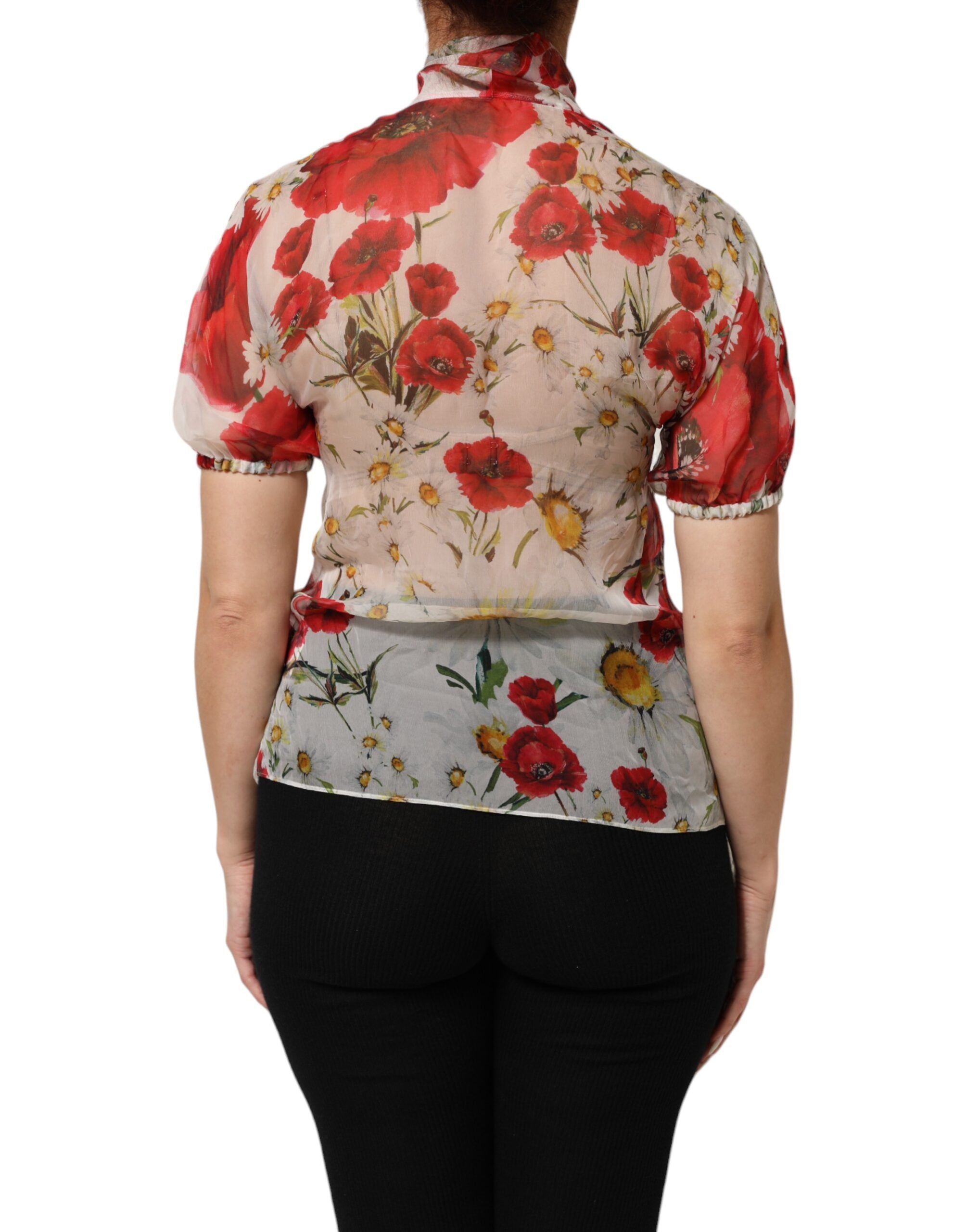 Dolce & Gabbana Witte Bloemenblouse met Strikkraag en Papaverprint