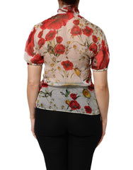 Dolce & Gabbana Witte Bloemenblouse met Strikkraag en Papaverprint