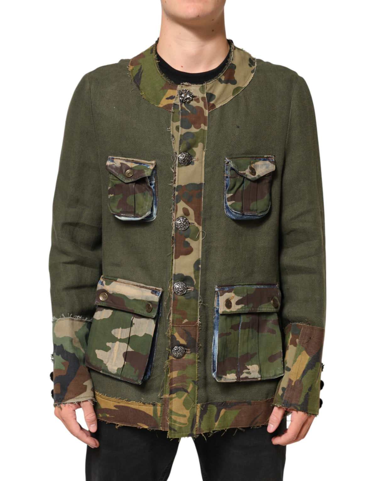 Dolce & Gabbana Braune Leinenjacke mit Tarnmuster und Knopfleiste