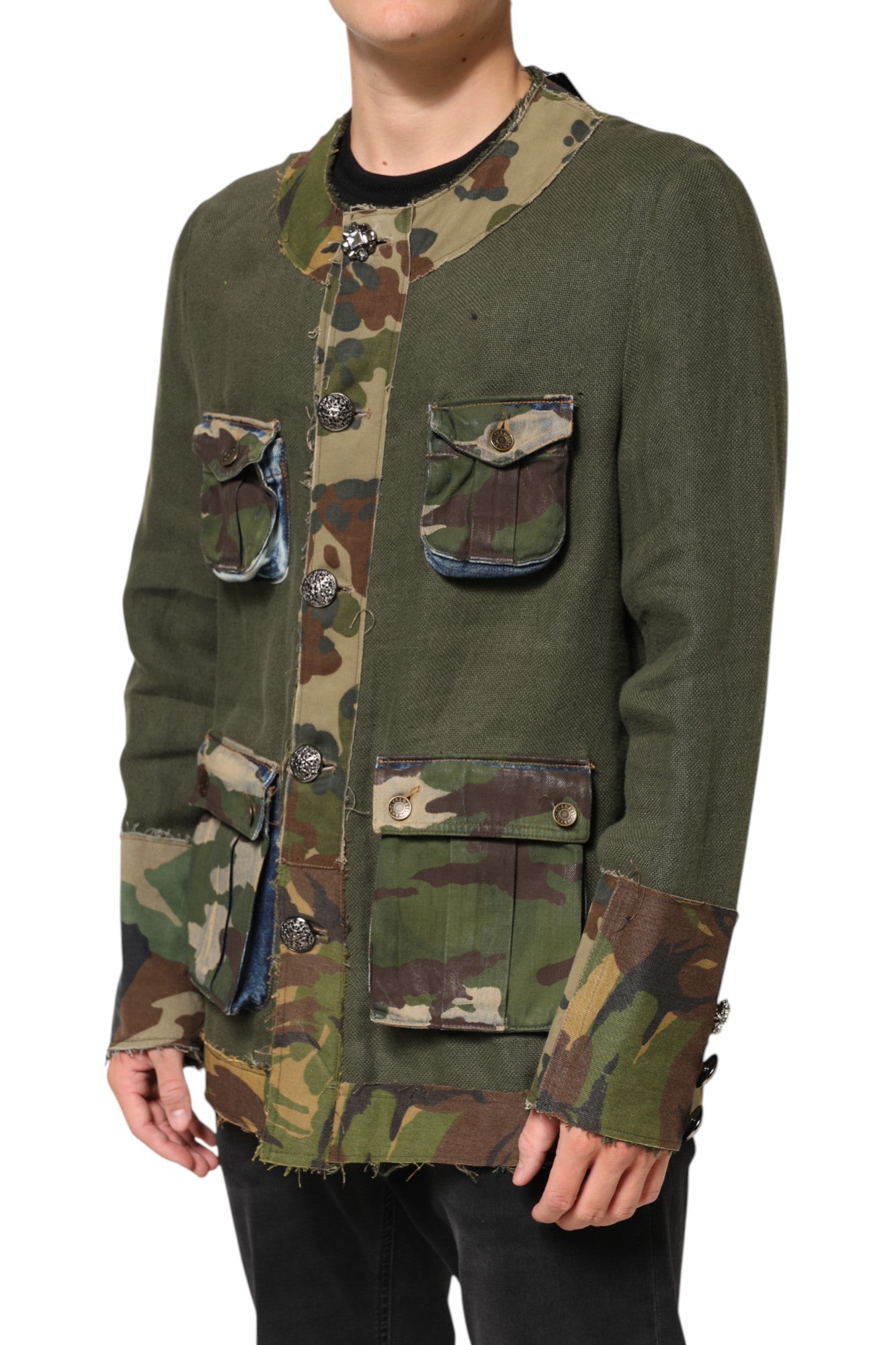 Dolce & Gabbana Braune Leinenjacke mit Tarnmuster und Knopfleiste