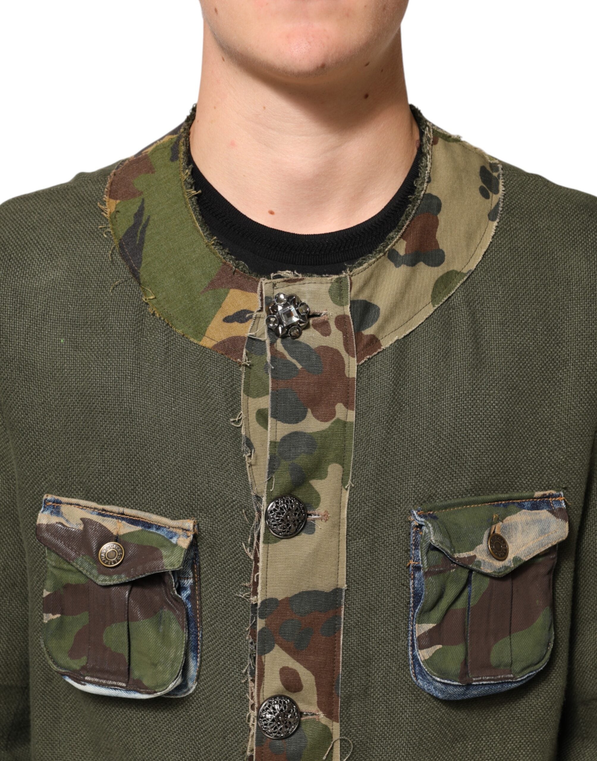 Dolce & Gabbana Braune Leinenjacke mit Tarnmuster und Knopfleiste
