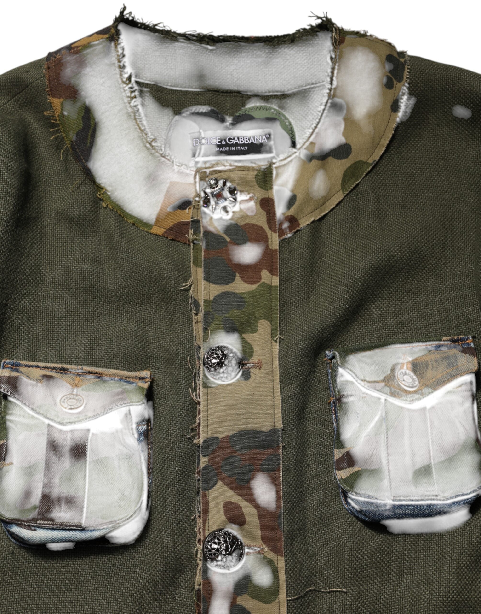 Dolce & Gabbana Braune Leinenjacke mit Tarnmuster und Knopfleiste