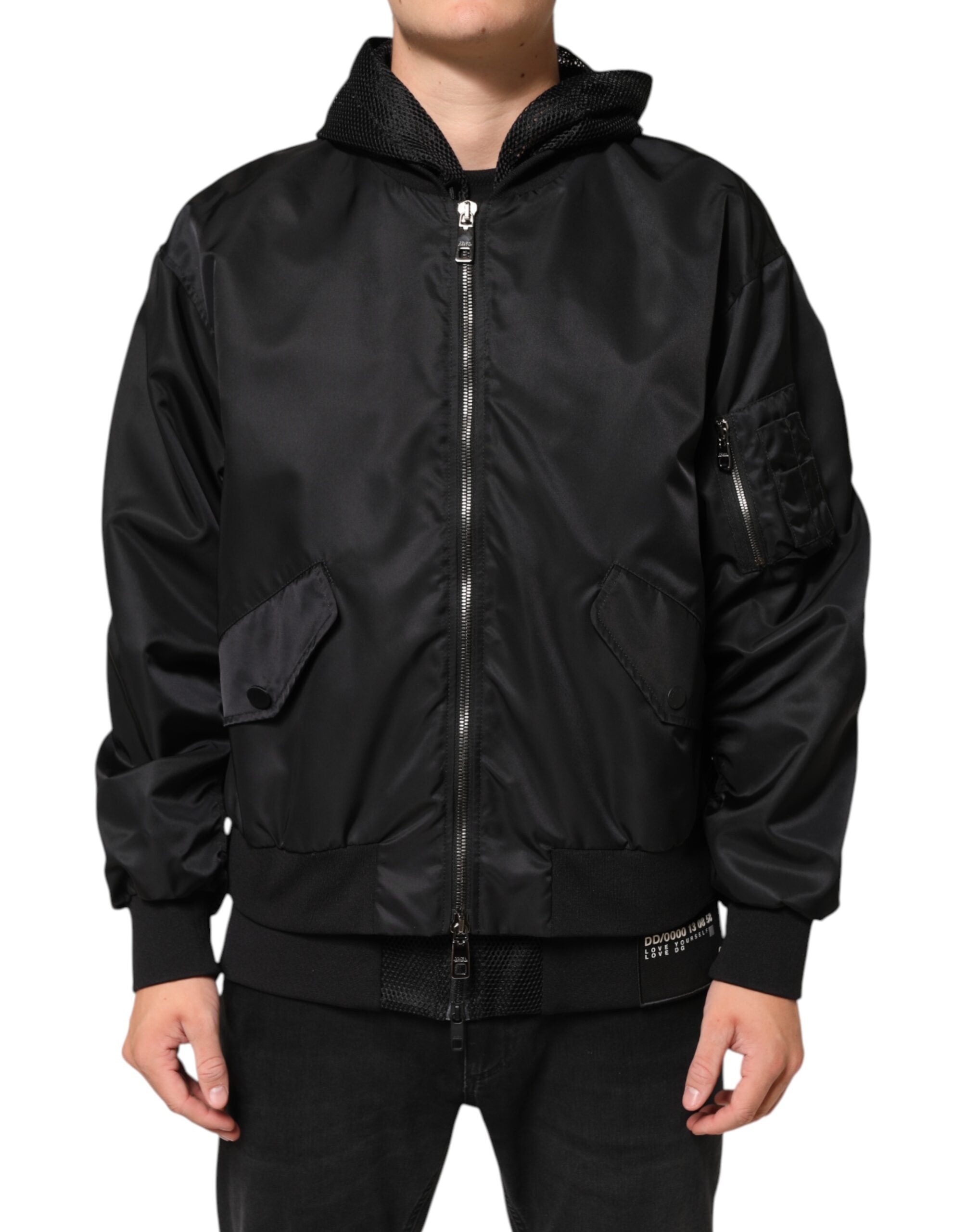 Dolce & Gabbana Schwarze Nylon Bomberjacke mit Kapuze und durchgehendem Reißverschluss für Herren