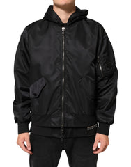 Dolce & Gabbana Schwarze Nylon Bomberjacke mit Kapuze und durchgehendem Reißverschluss für Herren