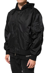 Dolce & Gabbana Schwarze Nylon Bomberjacke mit Kapuze und durchgehendem Reißverschluss für Herren