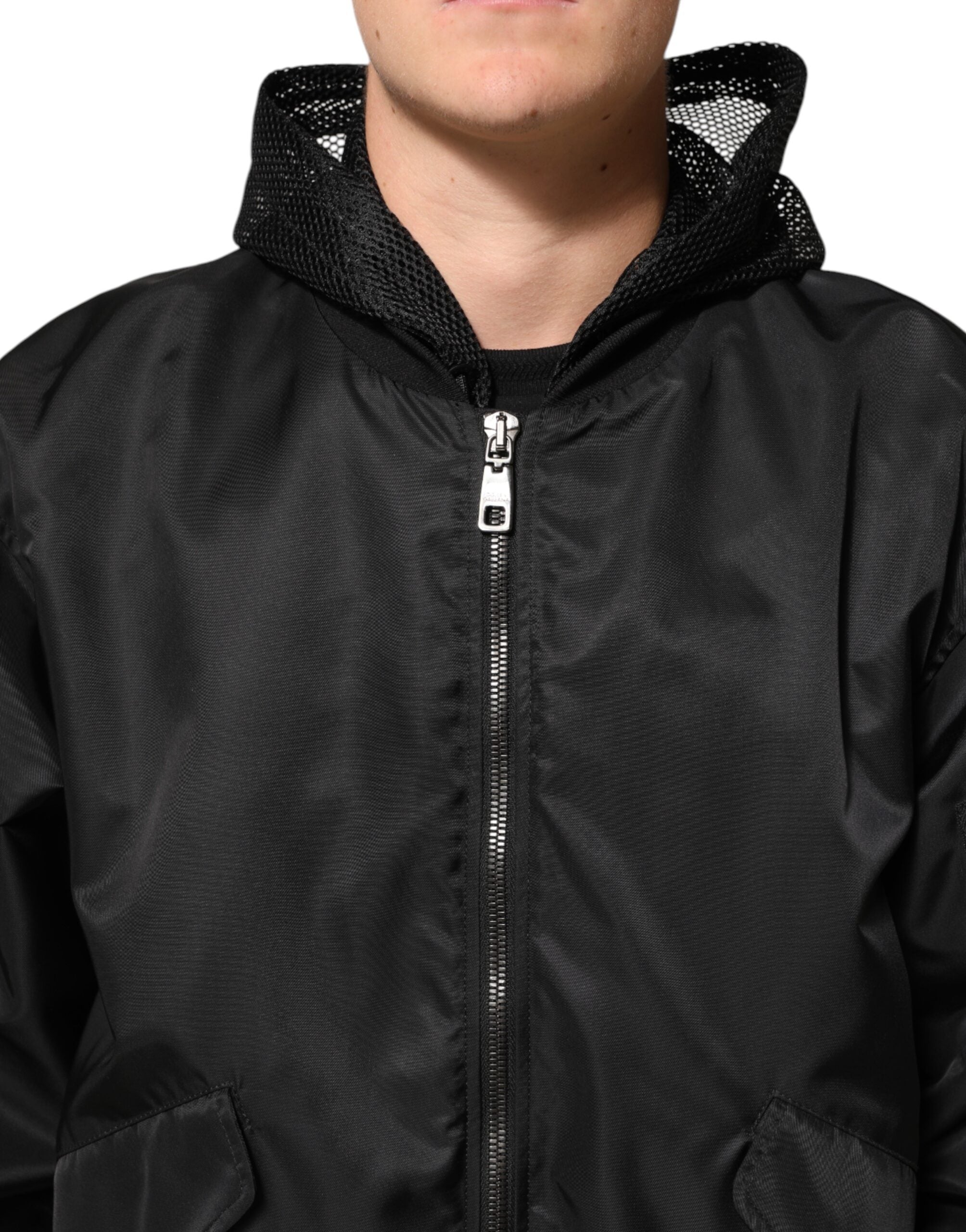 Dolce & Gabbana Schwarze Nylon Bomberjacke mit Kapuze und durchgehendem Reißverschluss für Herren