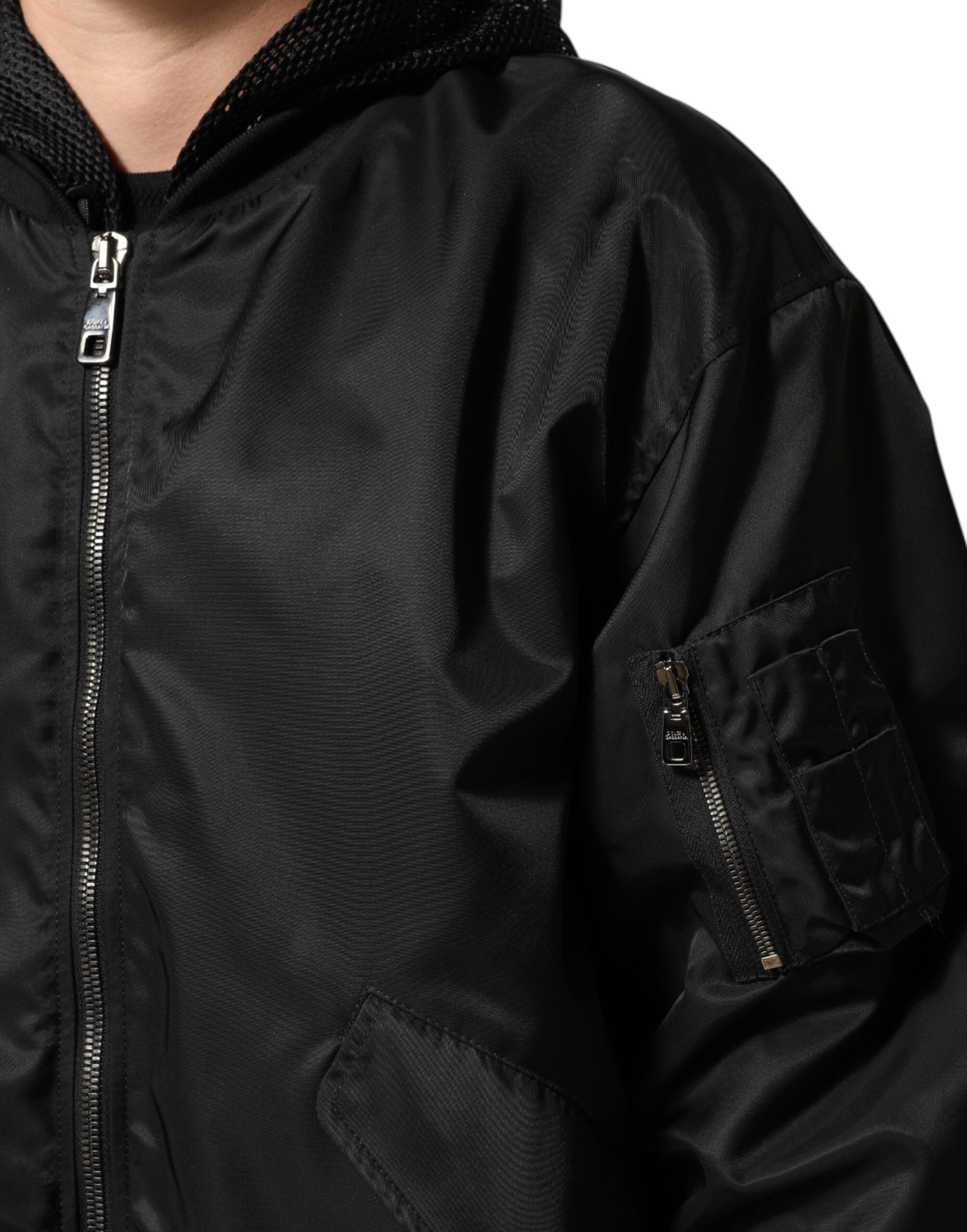 Dolce & Gabbana Schwarze Nylon Bomberjacke mit Kapuze und durchgehendem Reißverschluss für Herren